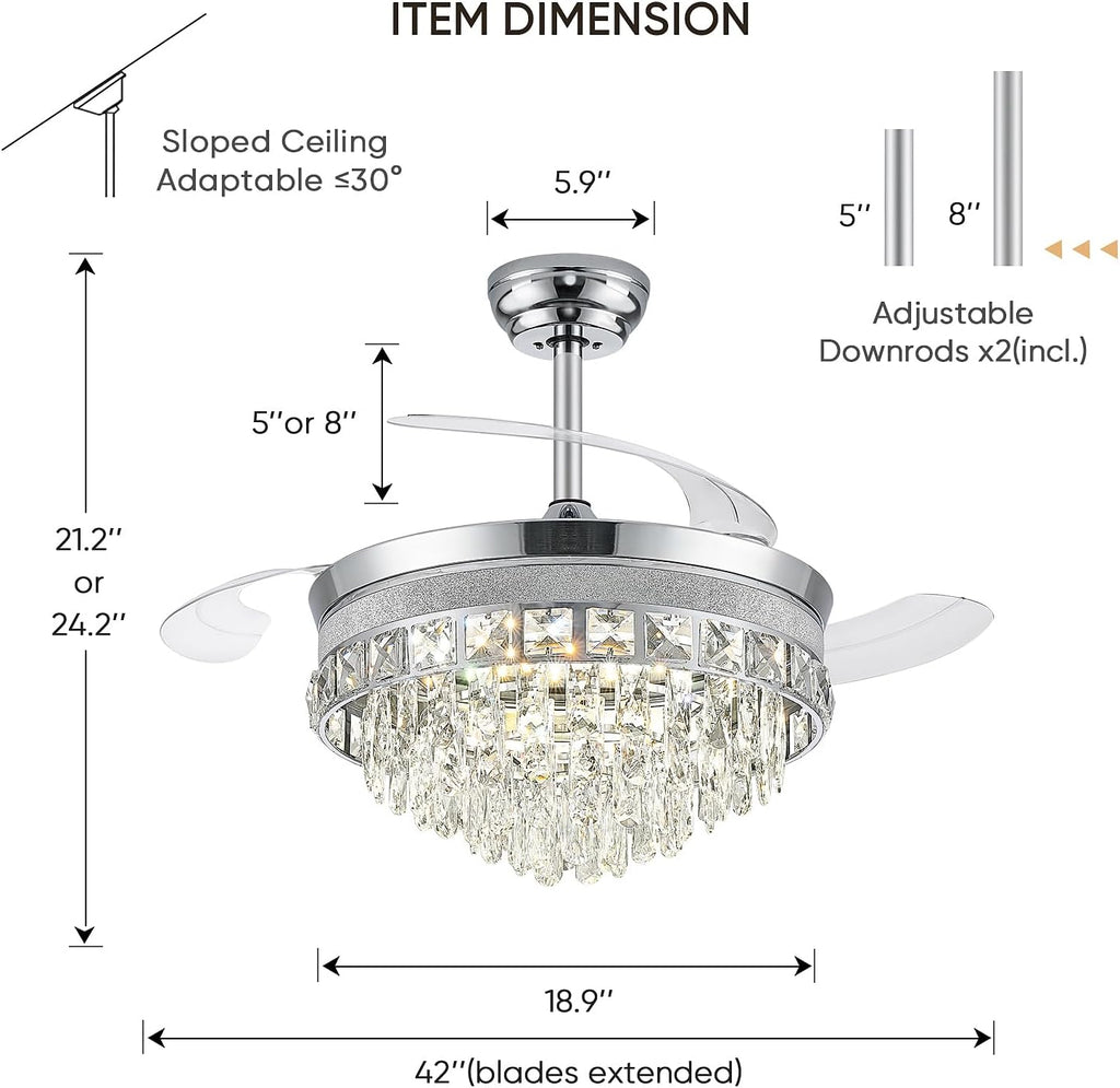 42 Inch Fandelier Ceiling Fan with Light, Chandelier Ceiling Fans with Lights, Crystal Ceiling Fans for Bedroom Living Room, LED Dimmable, 6 Wind Speed,3 Color Temperatures-Chrome