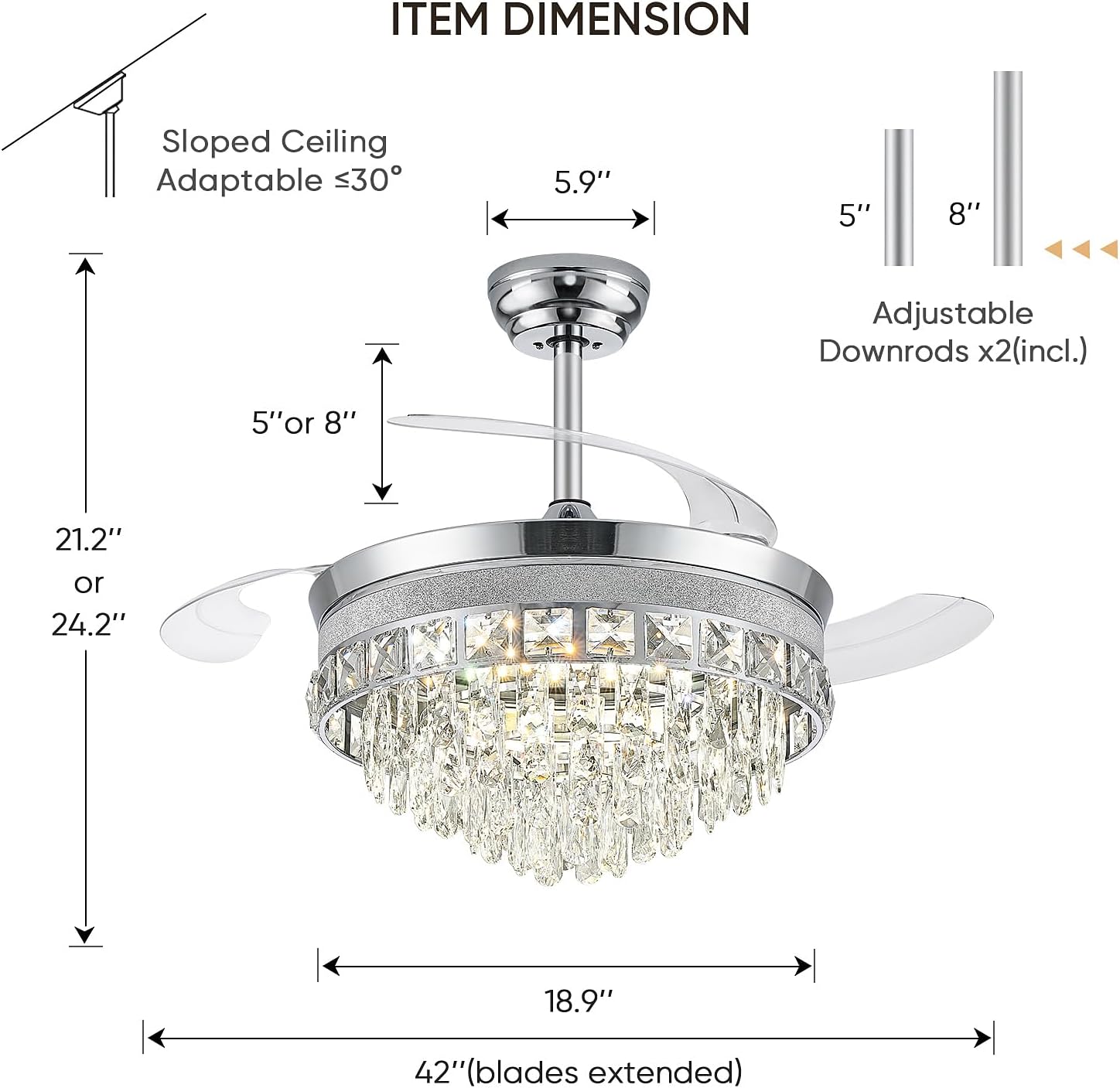 42 Inch Fandelier Ceiling Fan with Light, Chandelier Ceiling Fans with Lights, Crystal Ceiling Fans for Bedroom Living Room, LED Dimmable, 6 Wind Speed,3 Color Temperatures-Chrome
