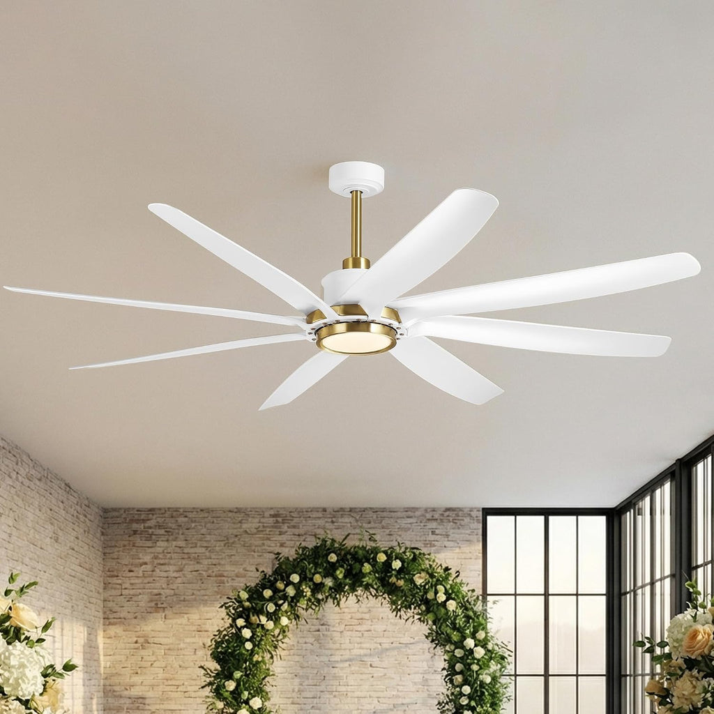 72 Inch Ceiling Fans with Lights and Remote, Industrial Gold White Chandelier Ceiling Fan, Dimmable LED, 6 Speeds Reversible DC Motor, Timer, Lighting Ceiling Fans for Bedroom Living Room