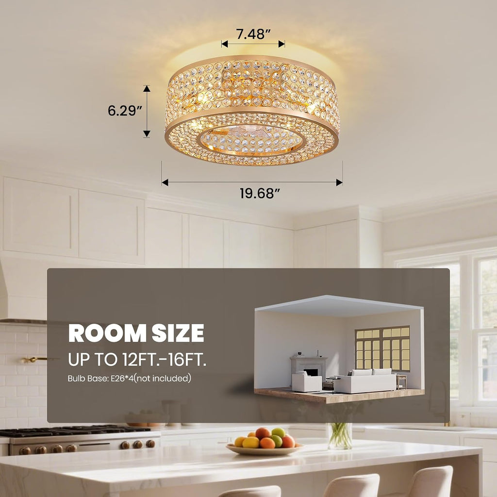 20' Caged Crystal Ceiling Fan with Lights Flush Mount Gold Fandelier Low Profile Chandelier Fan Enclosed Ceiling Fan Light Fixtures with Reversible Motor for Bedroom Kitchen Living Room