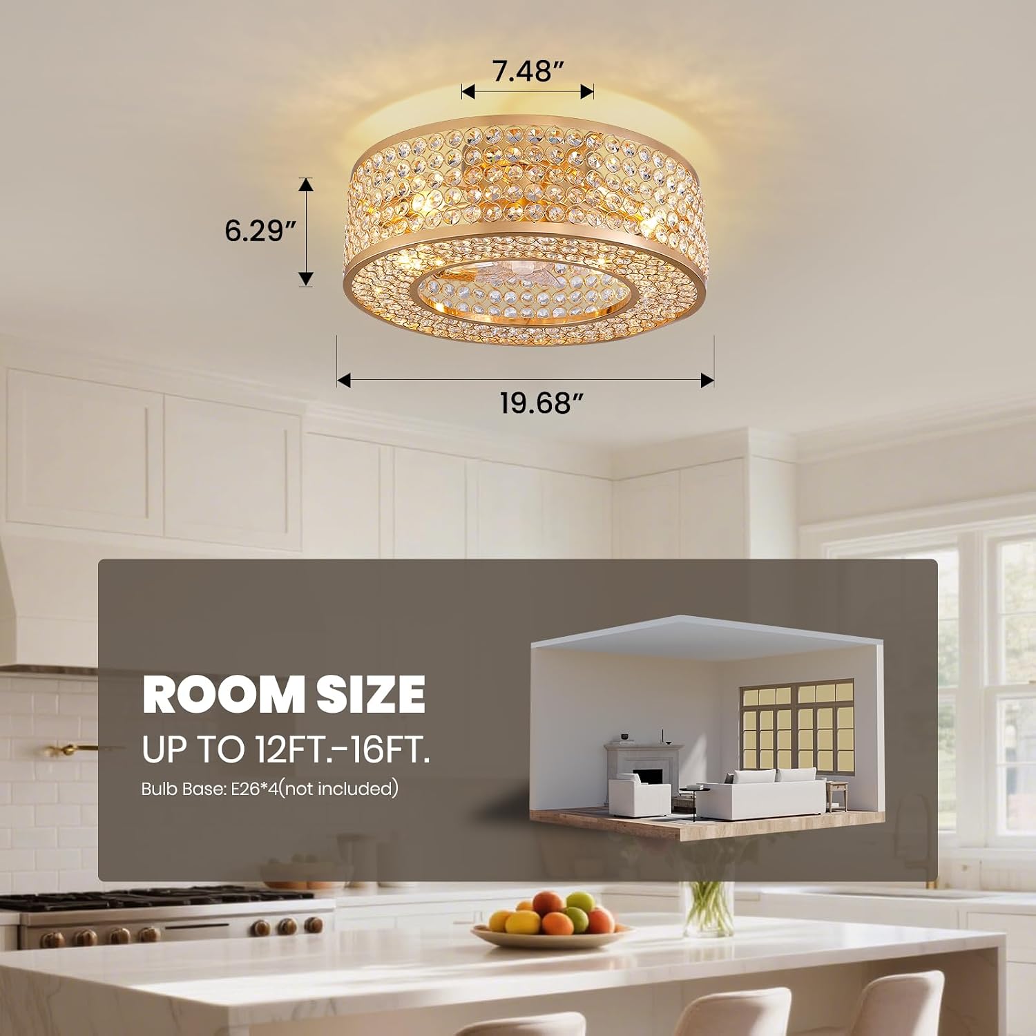 20' Caged Crystal Ceiling Fan with Lights Flush Mount Gold Fandelier Low Profile Chandelier Fan Enclosed Ceiling Fan Light Fixtures with Reversible Motor for Bedroom Kitchen Living Room