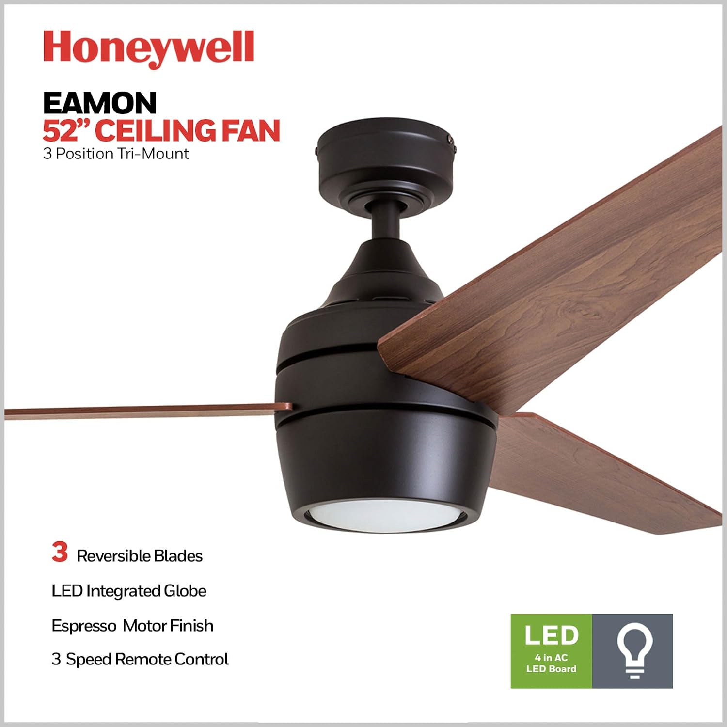 Honeywell Ceiling Fans Eamon Modern 52 Inch Ceiling Fan with Light, LED Fan with Remote Control, Indoor Fan, 3 Contemporary Blades with Maple and Black Wood Finish Options, Bronze (51922-01)