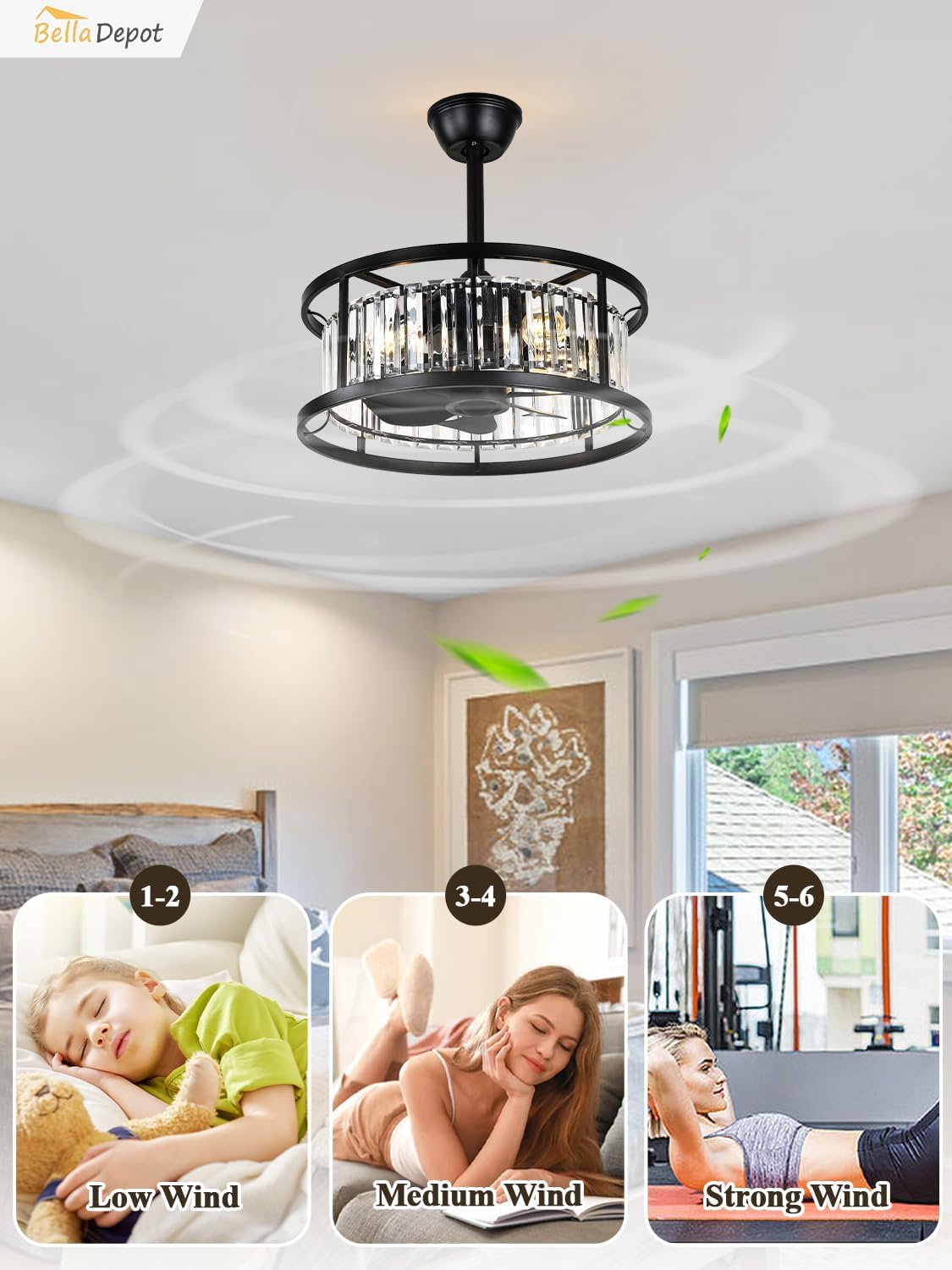 Bella Depot 20' Black Flush Mount Ceiling Fan, Caged Crystal Chandelier Fan with Light (No Bulbs Included), Quiet DC Motor for Bedroom Dining Living Room