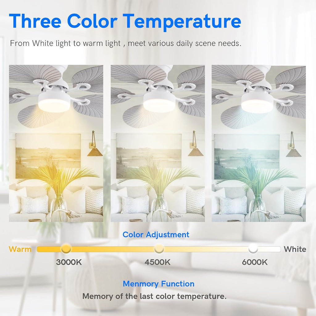 52inch Palm Leaf Ceiling Fans with Light Outdoor Tropical Ceiling Fans with Remote Timer Hand Carved 5 Blades DC Reversible Noiseless motor 6 Speeds Low Profile for Patios Living room Bedroom