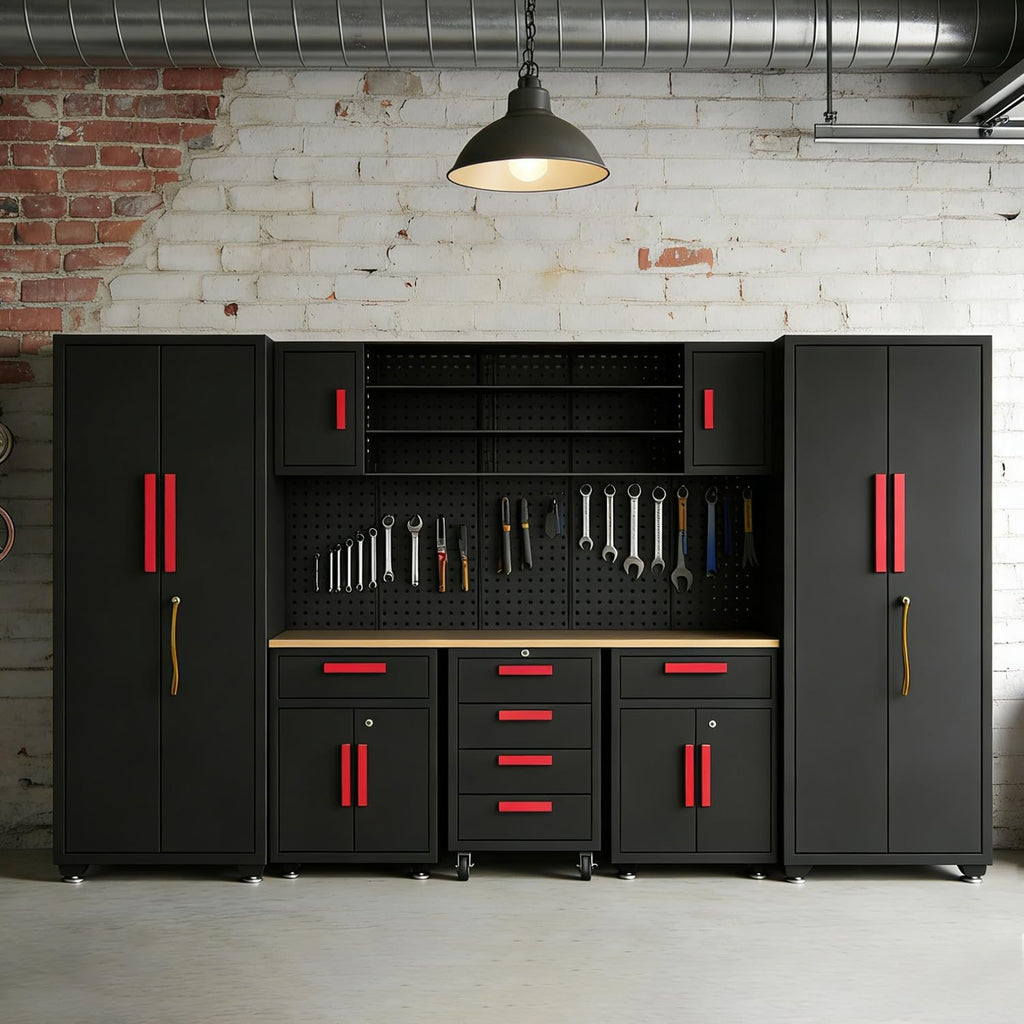 Garage Storage Cabinet System, 9-Pcs Workshop Cabinet Set in Black, Included Steel Cabinets Drawers Rolling Chest and Pegboard,Locked Garage Storage Cabinet,Red Handle