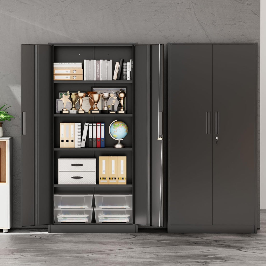 INTERGREAT Garage Storage Cabinet with Doors and Shelves, Metal Storage Cabinets with Lock, Lockable Steel Supply Cabinet for Home Office, Warehouse, Black