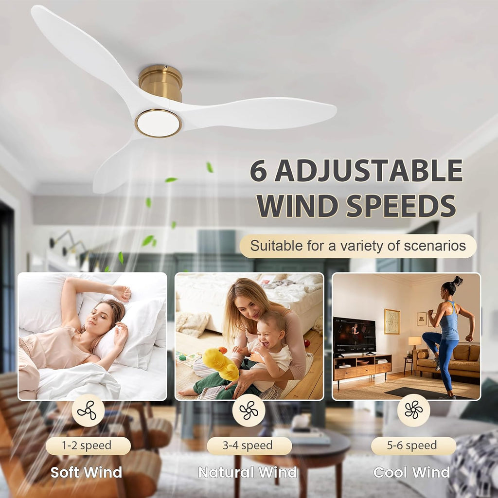 52 Inch Ceiling Fan with Lights and Remote, White Gold Low Profile Flush Mount, Modern 3 Blade Ceiling Fans Dimmable LED Light for Farmhouse Indoor Bedroom, Living Room