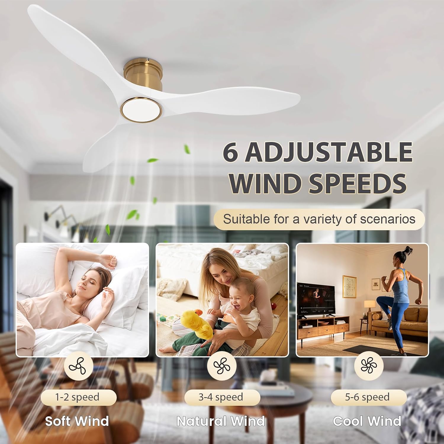 52 Inch Ceiling Fan with Lights and Remote, White Gold Low Profile Flush Mount, Modern 3 Blade Ceiling Fans Dimmable LED Light for Farmhouse Indoor Bedroom, Living Room