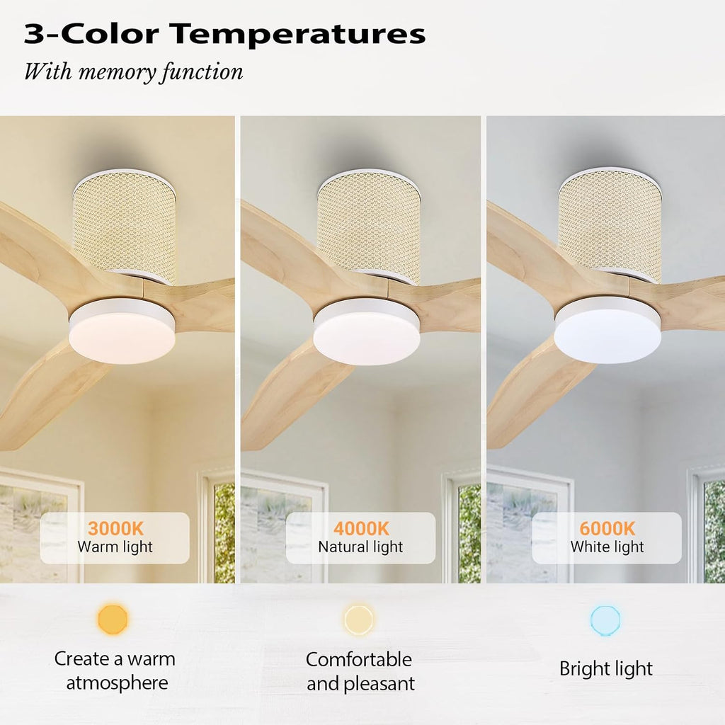 LEDLUX 52' Ceiling Fan with Light - Low Profile Flush Mount Ceiling Fan, 6-Speed Remote Control, Solid Wood, Quiet Reversible DC Motor, Boho Style, for Bedroom, Living Room, Porch, Light Oak/White