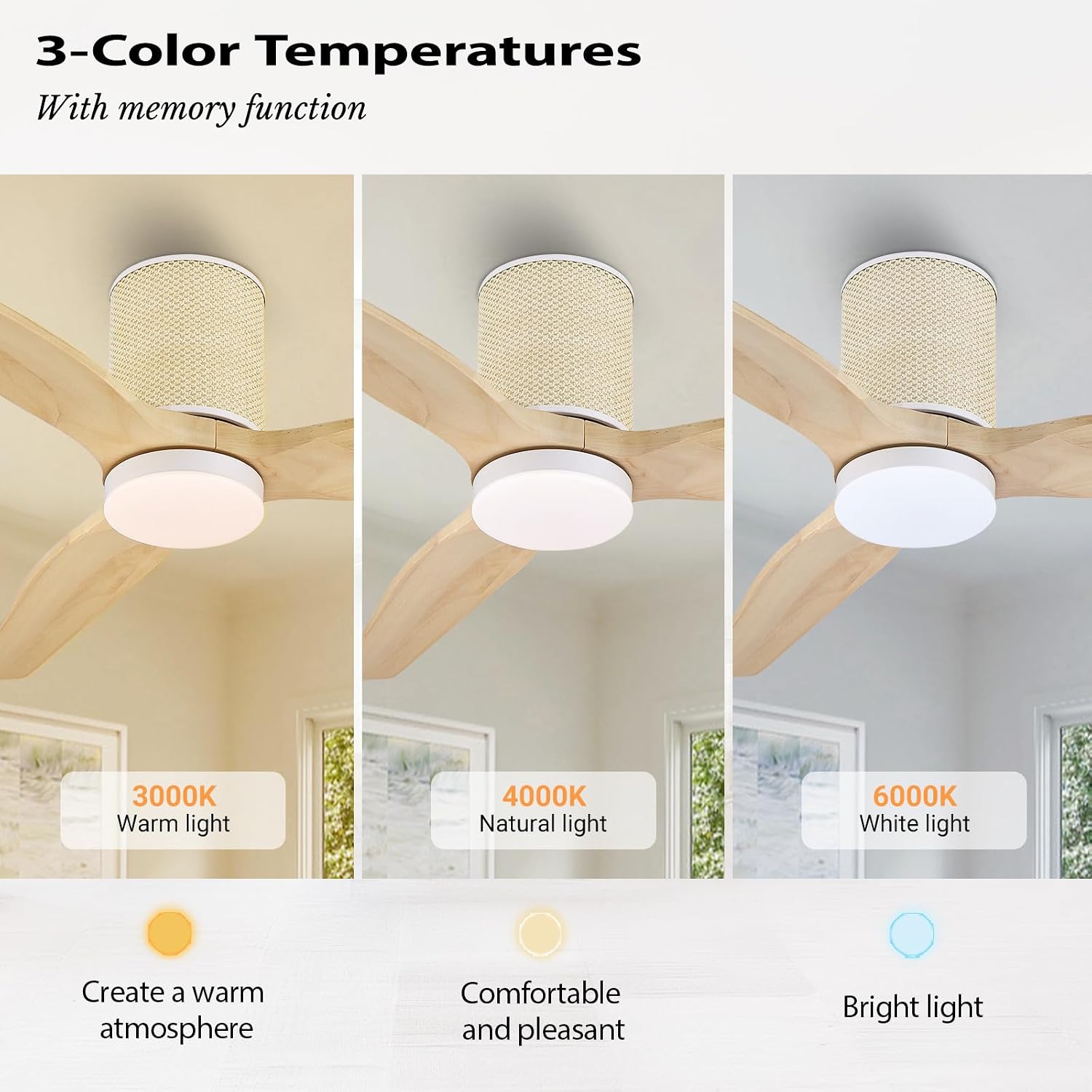 LEDLUX 52' Ceiling Fan with Light - Low Profile Flush Mount Ceiling Fan, 6-Speed Remote Control, Solid Wood, Quiet Reversible DC Motor, Boho Style, for Bedroom, Living Room, Porch, Light Oak/White