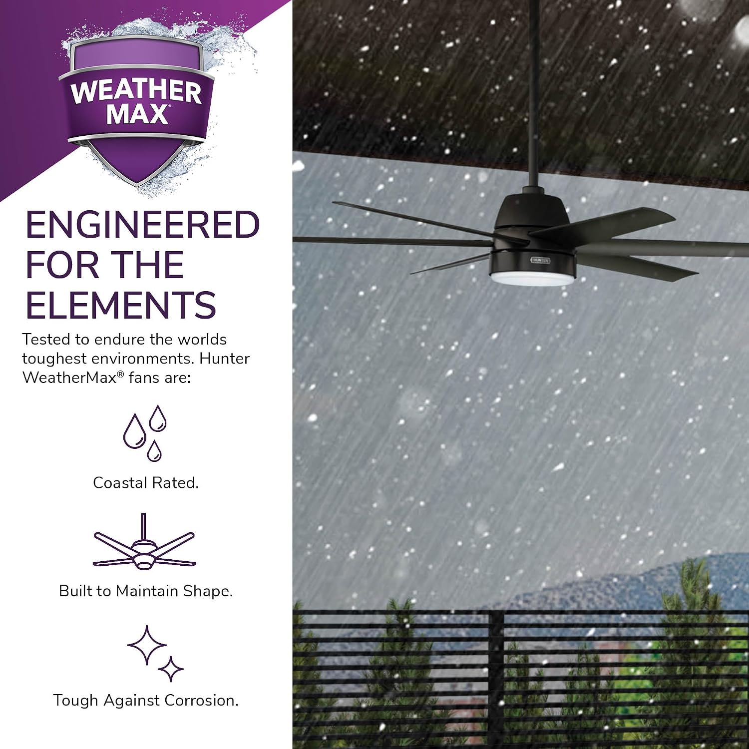 Hunter 60 inch Outdoor or Indoor Ceiling Fan with LED Light - Black Ceiling Fan with Wall Control, For Patio, Garage, or Porch, Quiet, Standard Mount, 6 Blades - Skysail 51875, Matte Black