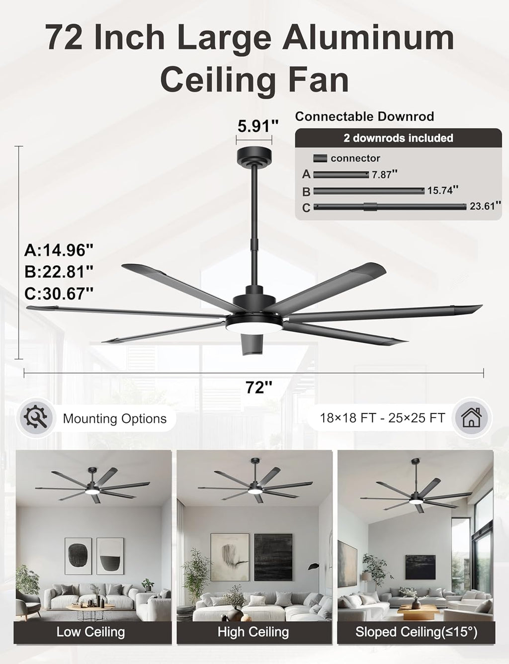 Ohniyou 72'' Large Ceiling Fan with Lights, High CFM Industrial Ceiling Fan with Remote/APP, 7 Aluminum Blades, Dimmable, for Outdoor Patio, Shop, Garage, Black