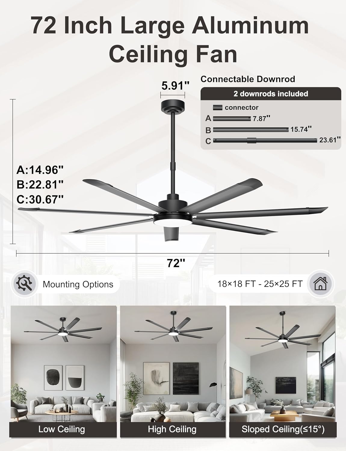 Ohniyou 72'' Large Ceiling Fan with Lights, High CFM Industrial Ceiling Fan with Remote/APP, 7 Aluminum Blades, Dimmable, for Outdoor Patio, Shop, Garage, Black