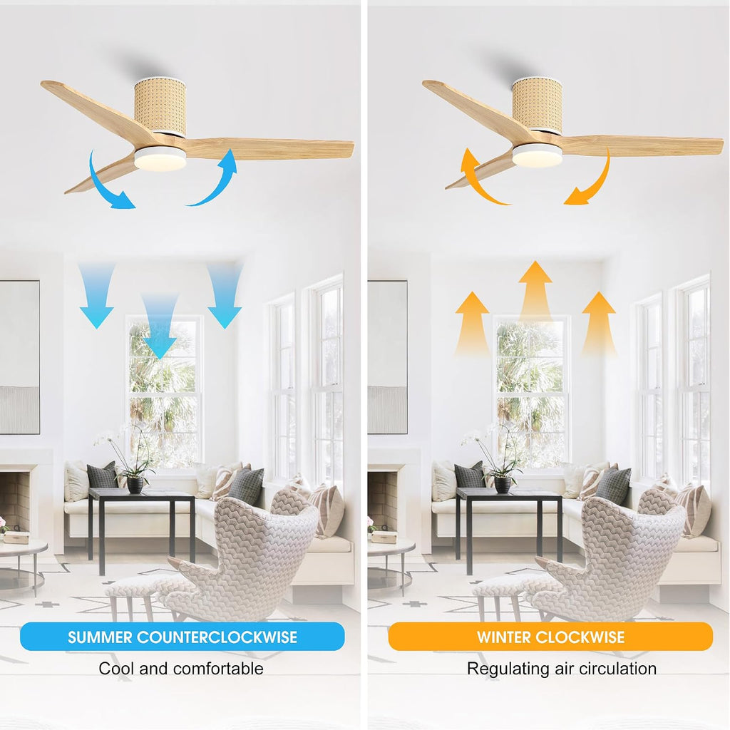 LEDLUX 52' Ceiling Fan with Light - Low Profile Flush Mount Ceiling Fan, 6-Speed Remote Control, Solid Wood, Quiet Reversible DC Motor, Wood/White Finish, for Bedroom, Living Room, Porch