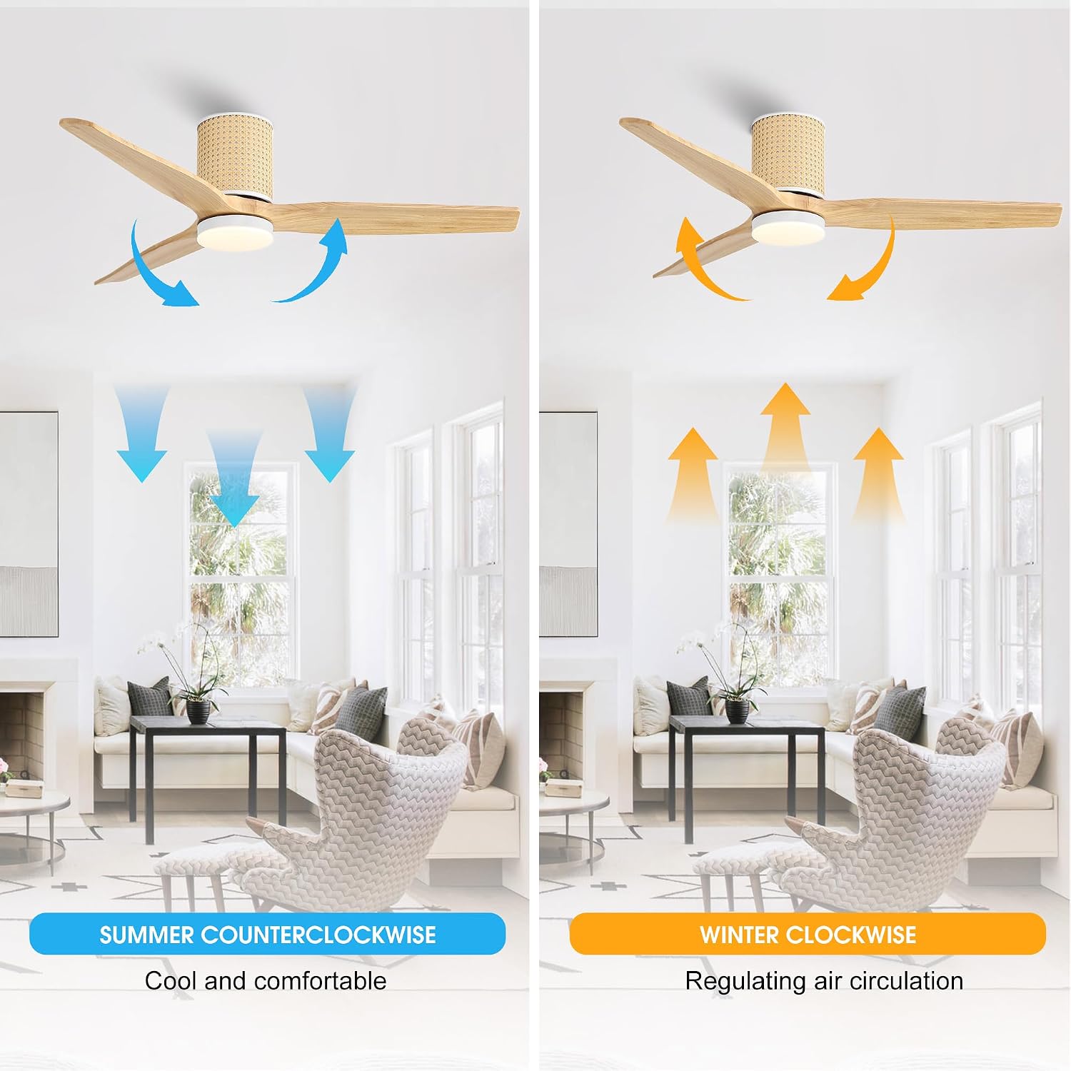 LEDLUX 52' Ceiling Fan with Light - Low Profile Flush Mount Ceiling Fan, 6-Speed Remote Control, Solid Wood, Quiet Reversible DC Motor, Wood/White Finish, for Bedroom, Living Room, Porch