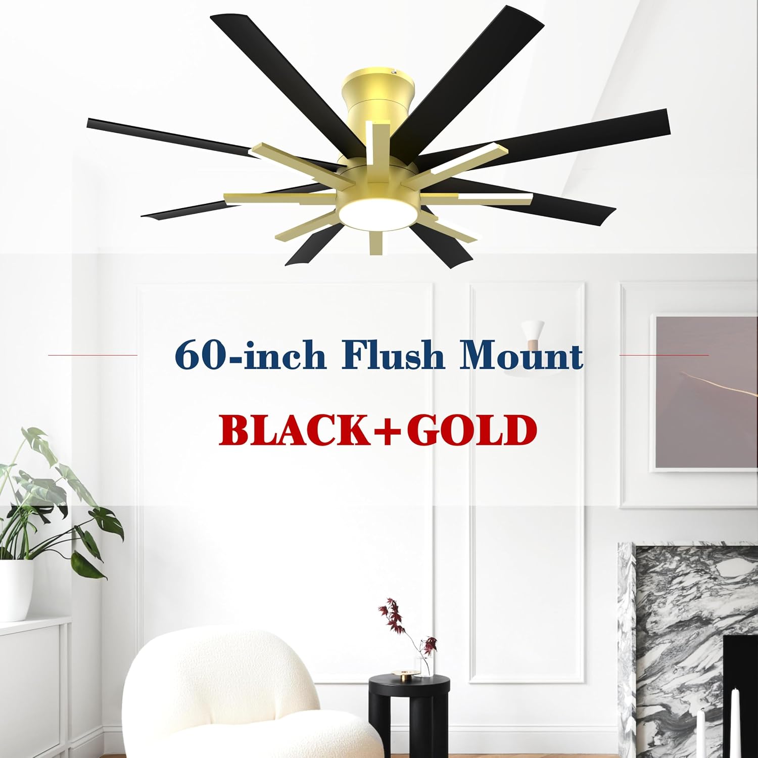 60 inch Black Ceiling Fans with Lights and Remote, Flush Mount Ceiling Fan for Living Room Bedoom，6 Speed Reversible，8 Blades and 9 Lights，3 CCT，Black Gold