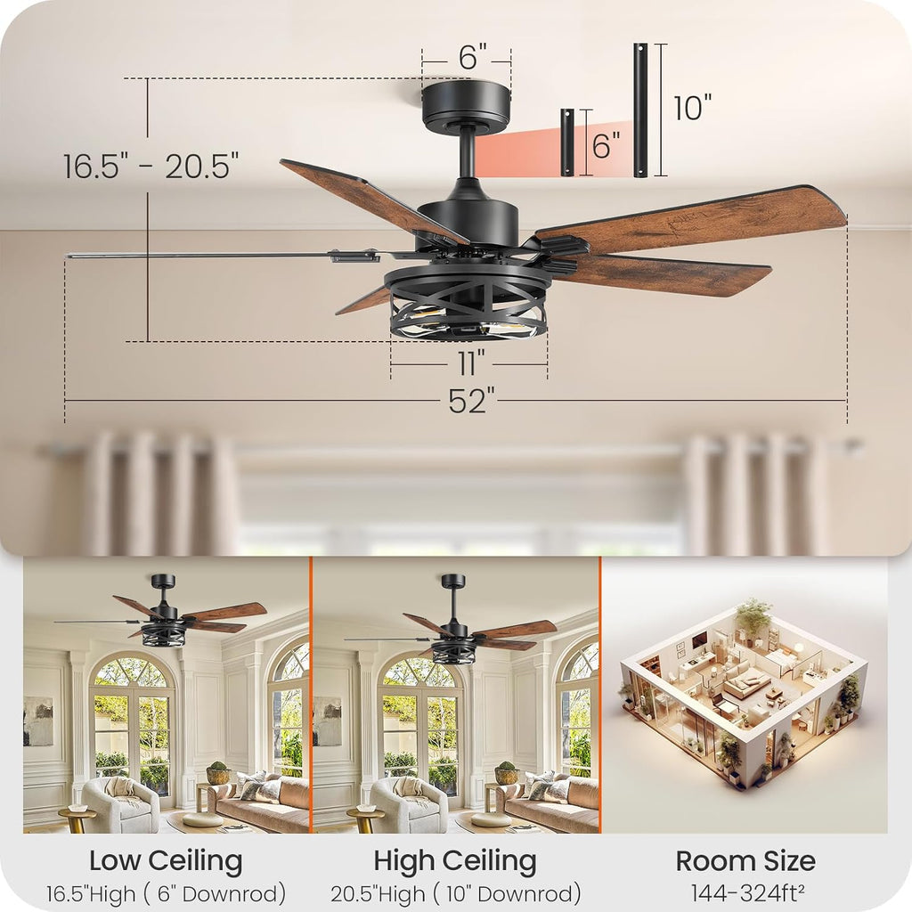 52 Inch Farmhouse Ceiling Fan with Lights and Remote, Timer, Dual Finish 5 Blades (Walnut and Black), 6 Speeds, Reversible DC Motor, Rustic & Industrial Caged Ceiling Fan for Bedroom ZB01CF05