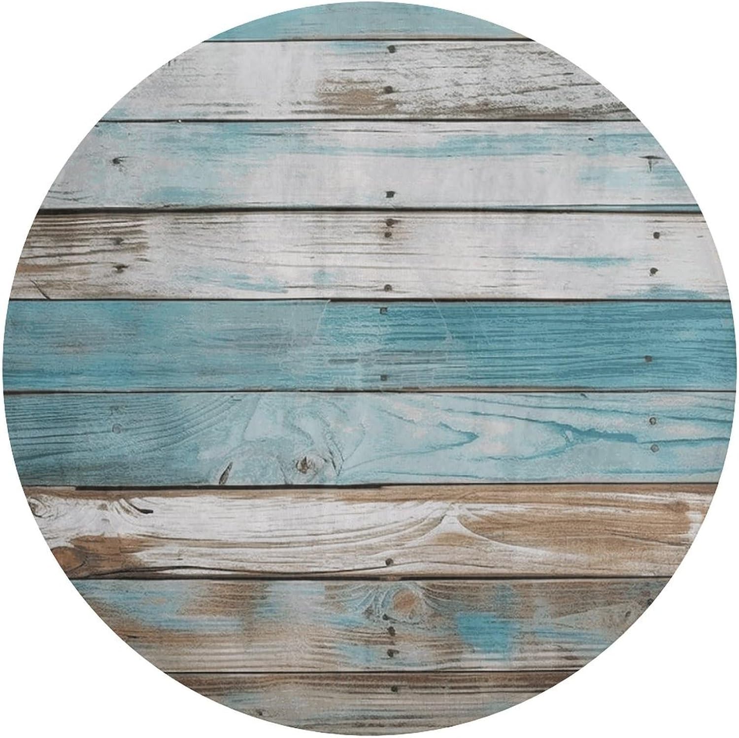 Vintage Beach Wood Old Blue Color Wooden Plank Coral Velvet Round Floor Mat Non-Slip Bath Rug Floor Covering for Bathroom Vanity Guest Suite & Vacation Home