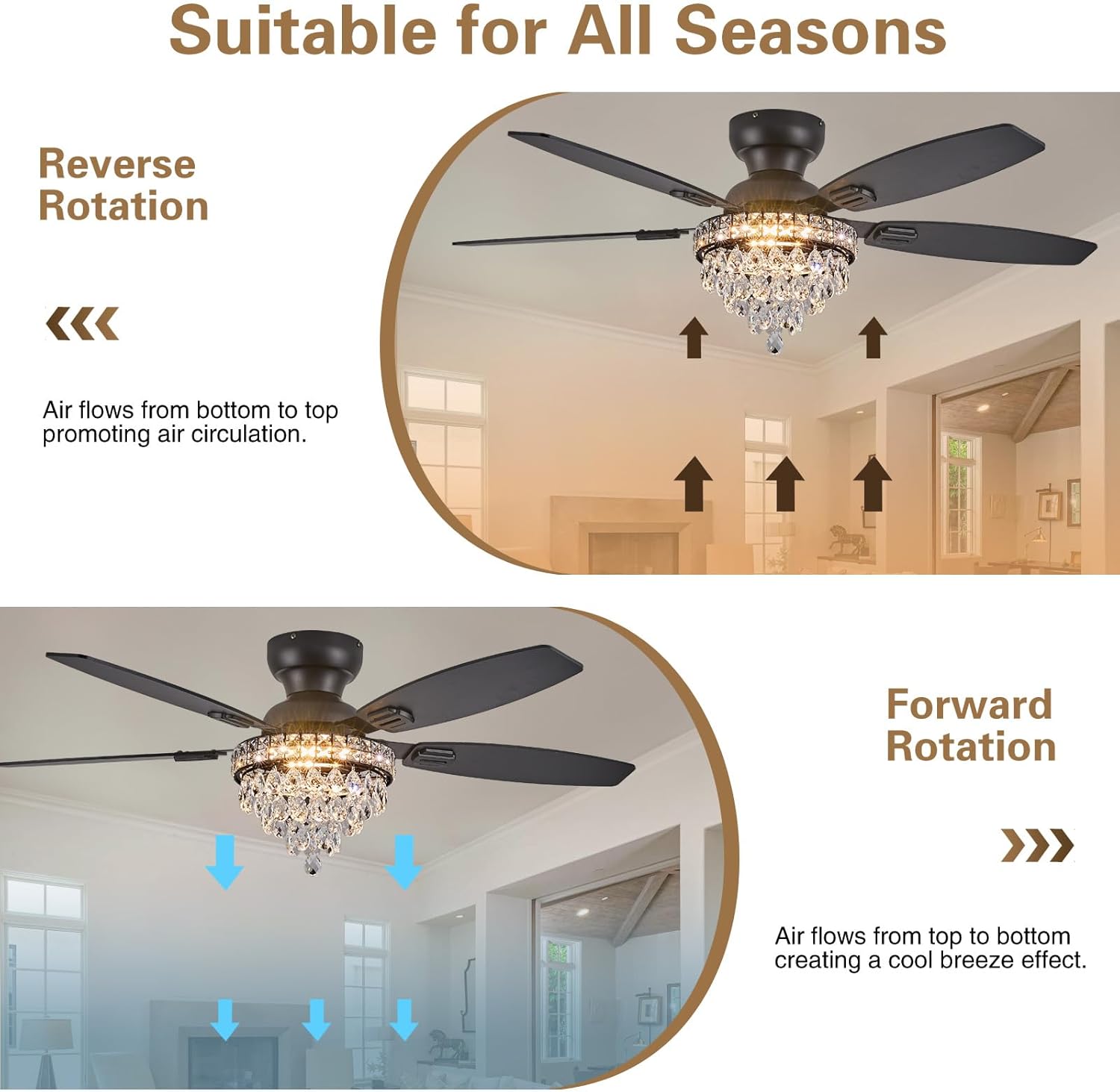 Crystal Ceiling Fan Fandelier with Lights-Ceiling Fans with Lights,50' Low Profile and Remote Control, Flush Mount, Reversible, Dimmable, Noiseless, Black Ceiling Fan for Bedroom