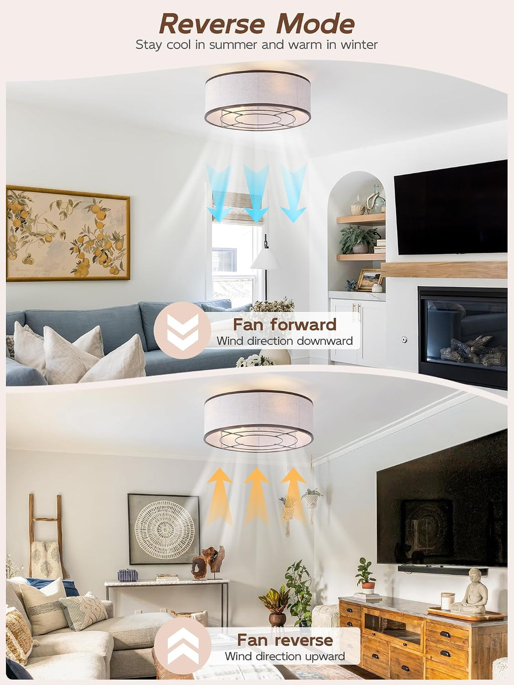 20' Brown Ceiling Fans with Lights, Boho Flush Mount Ceiling Fan with Light and Remote, Drum Fabric with 6 Speeds for Bedroom, Nursery, Living Room