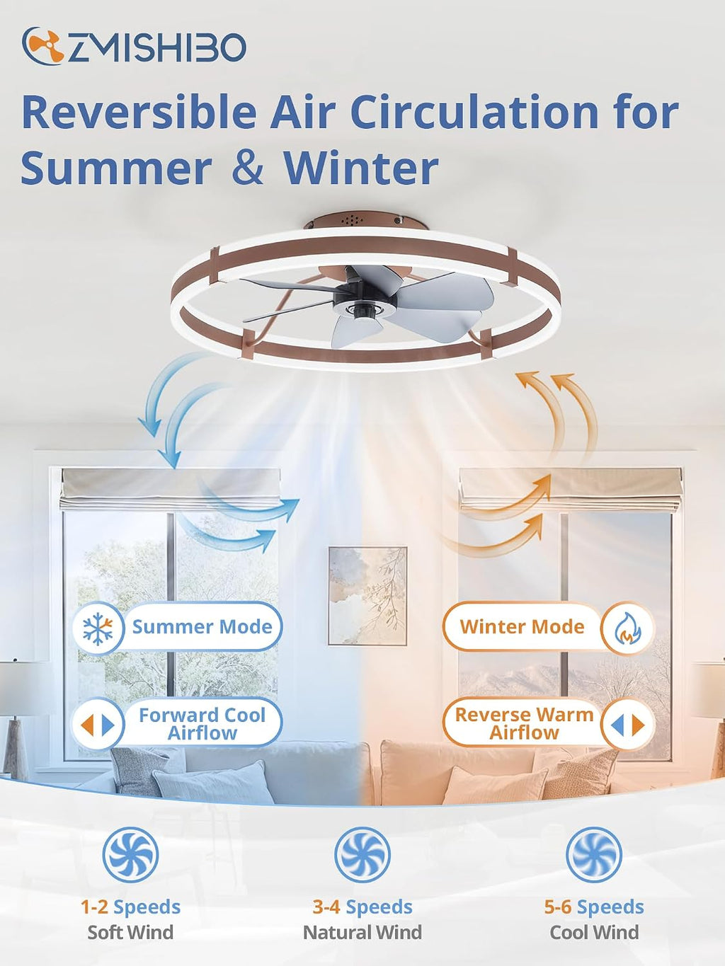 ZMISHIBO 24 Inch Ceiling Fans with Lights and Remote, Modern Low Profile Ceiling Fan, 3000-6000K Dimmable Flush Mount LED Fan Light, 6 Wind Speeds, Fandelier Ceiling Fans for Bedroom- Brown