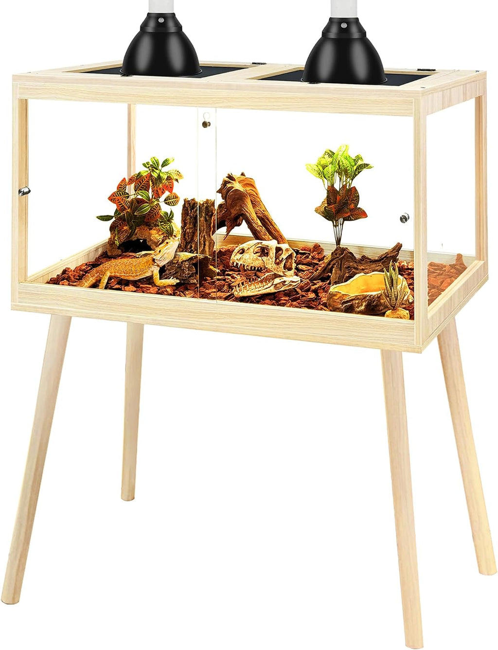 PROLEE Bearded Dragon Tank with Legs, 30 Gallon Tempered Glass Lizard Tank, Reptile Enclosure with Metal Mesh and Lockable Door, Reptile Tank for Snakes,Chameleon (Oak, 24x15.5x15.5 Inch)