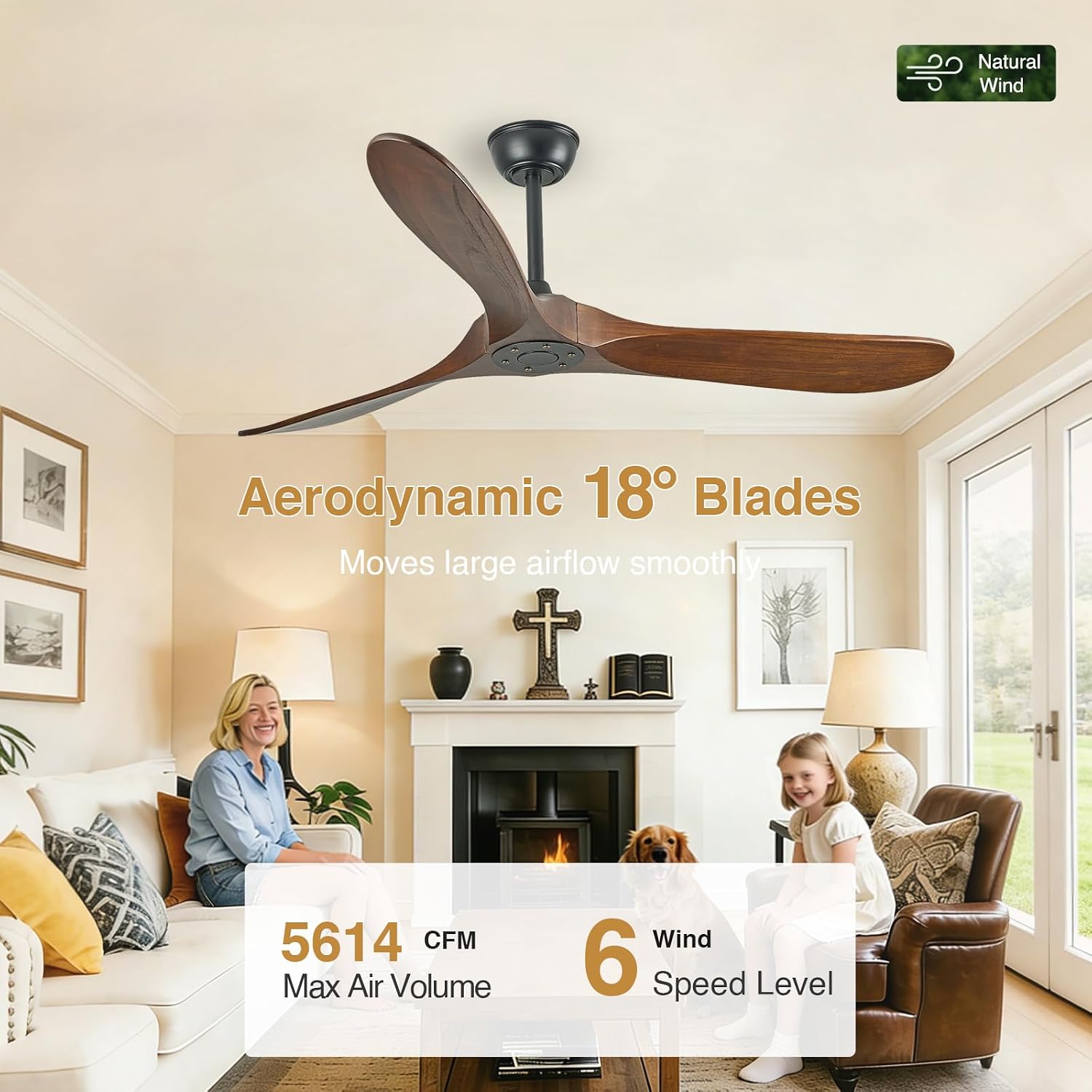 60 Inch Wood Ceiling Fan No Light, Indoor Outdoor Ceiling Fan without Lights with Remote, 3-Blade Reversible DC Motor Fan for Covered Patio Porch Bedroom Living Room, Walnut
