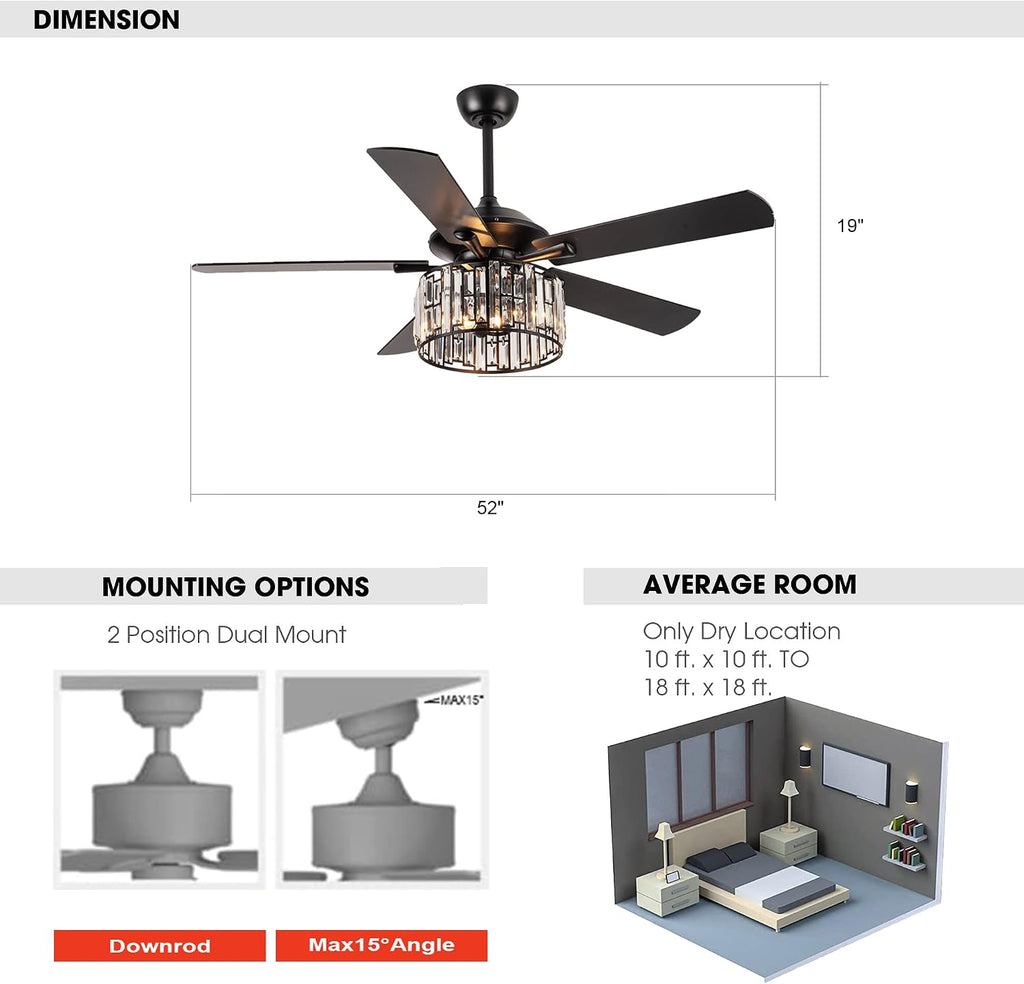 Parrot Uncle Ceiling Fans with Lights and Remote Black Ceiling Fan with Light for Bedroom Crystal Chandelier Fans, Reversible Motor, Timer, E26 Lamp Base, 52 Inch