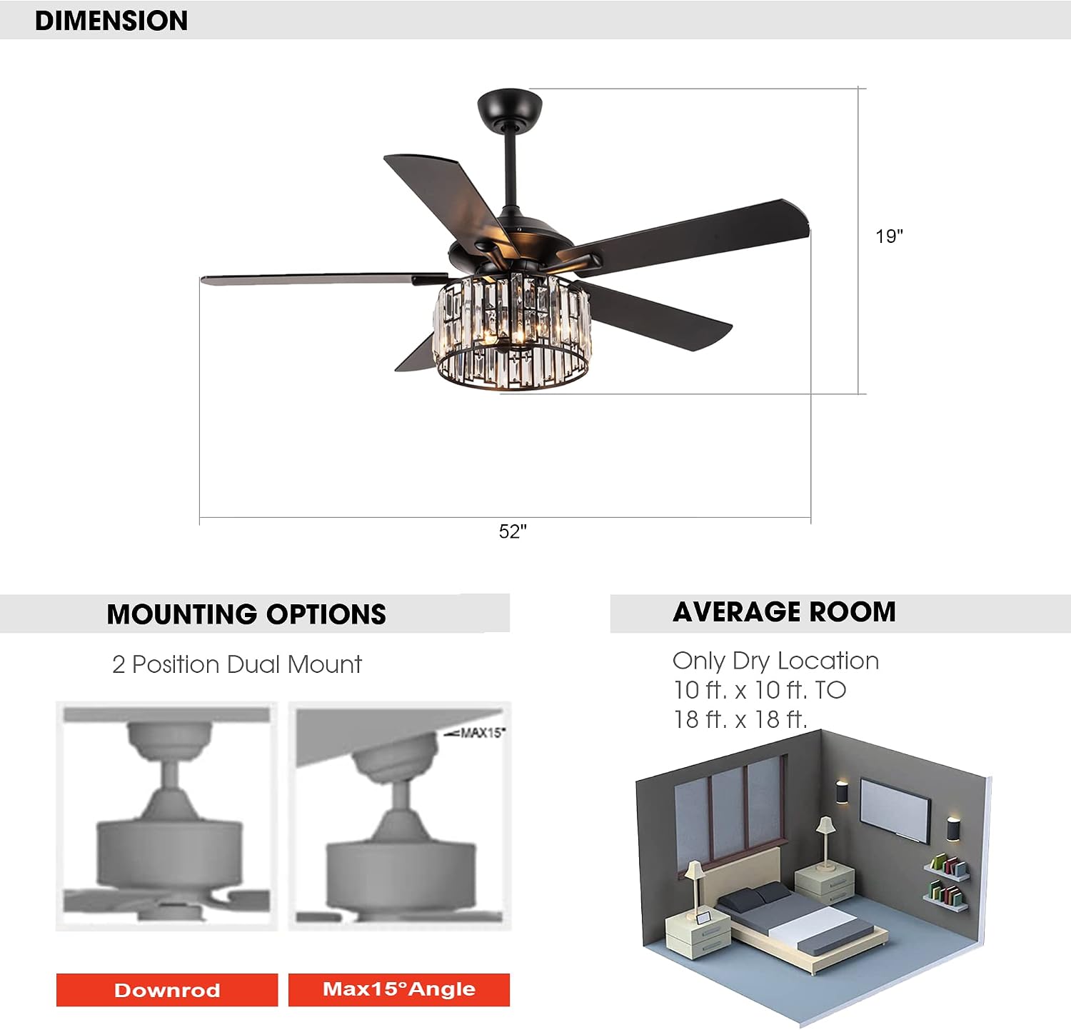 Parrot Uncle Ceiling Fans with Lights and Remote Black Ceiling Fan with Light for Bedroom Crystal Chandelier Fans, Reversible Motor, Timer, E26 Lamp Base, 52 Inch