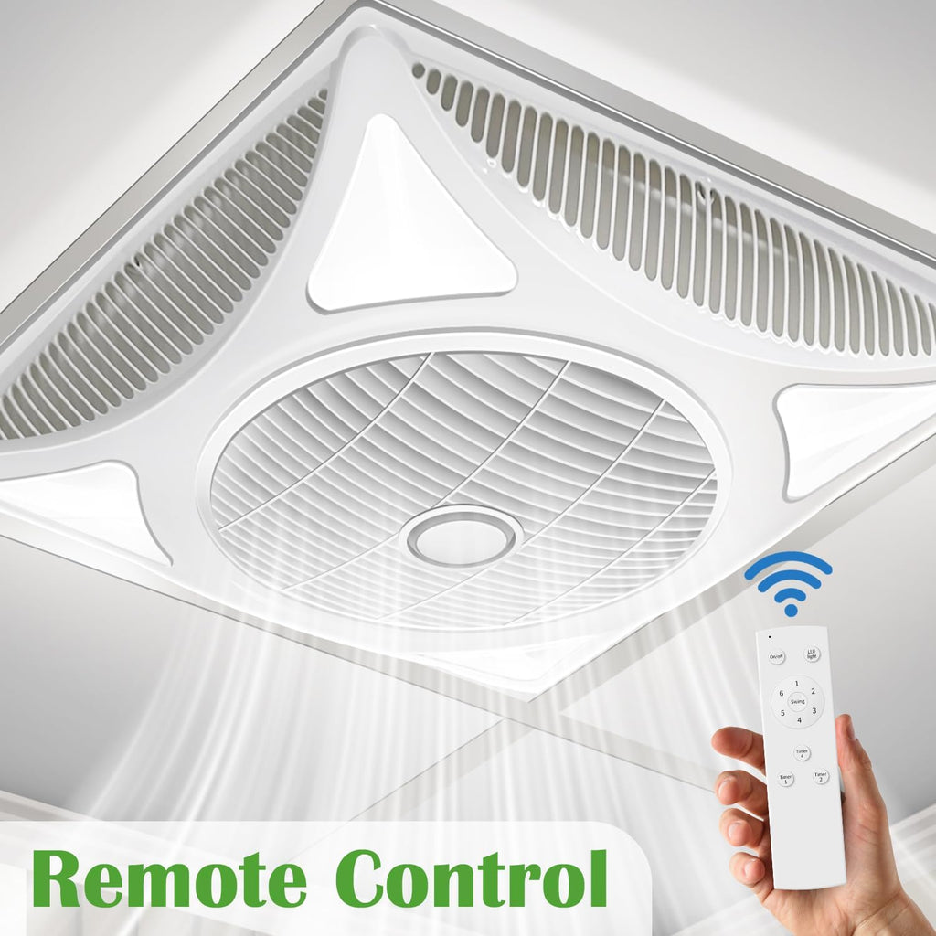 Drop Ceiling Fan with LED Lights, Flush Mount Ceiling Fans with 6 Wind Speeds and Timer, Low Profile Square Fan for Office Ventilation and Lighting