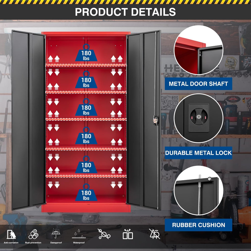 Fesbos Metal Storage Cabinet-71' Tall Steel File Cabinets with Lockable Doors and Adjustable Shelves-Black&Red Steel Storage Cabinet for Home,Kitchen, School, Office, Garage