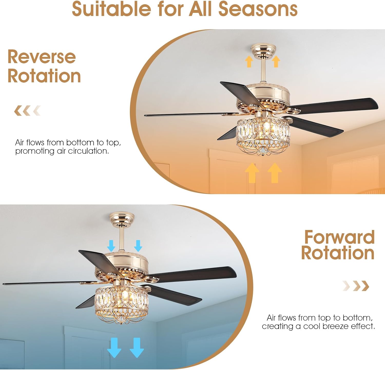 Kviflon Farmhouse Crystal Ceiling Fans with Lights and Remote, 52 Inch Chandelier Ceiling Fans, Gold Fandelier Ceiling Fan for Bedroom Living Room, Quiet DC Motor, Reversible, Bulb not Included