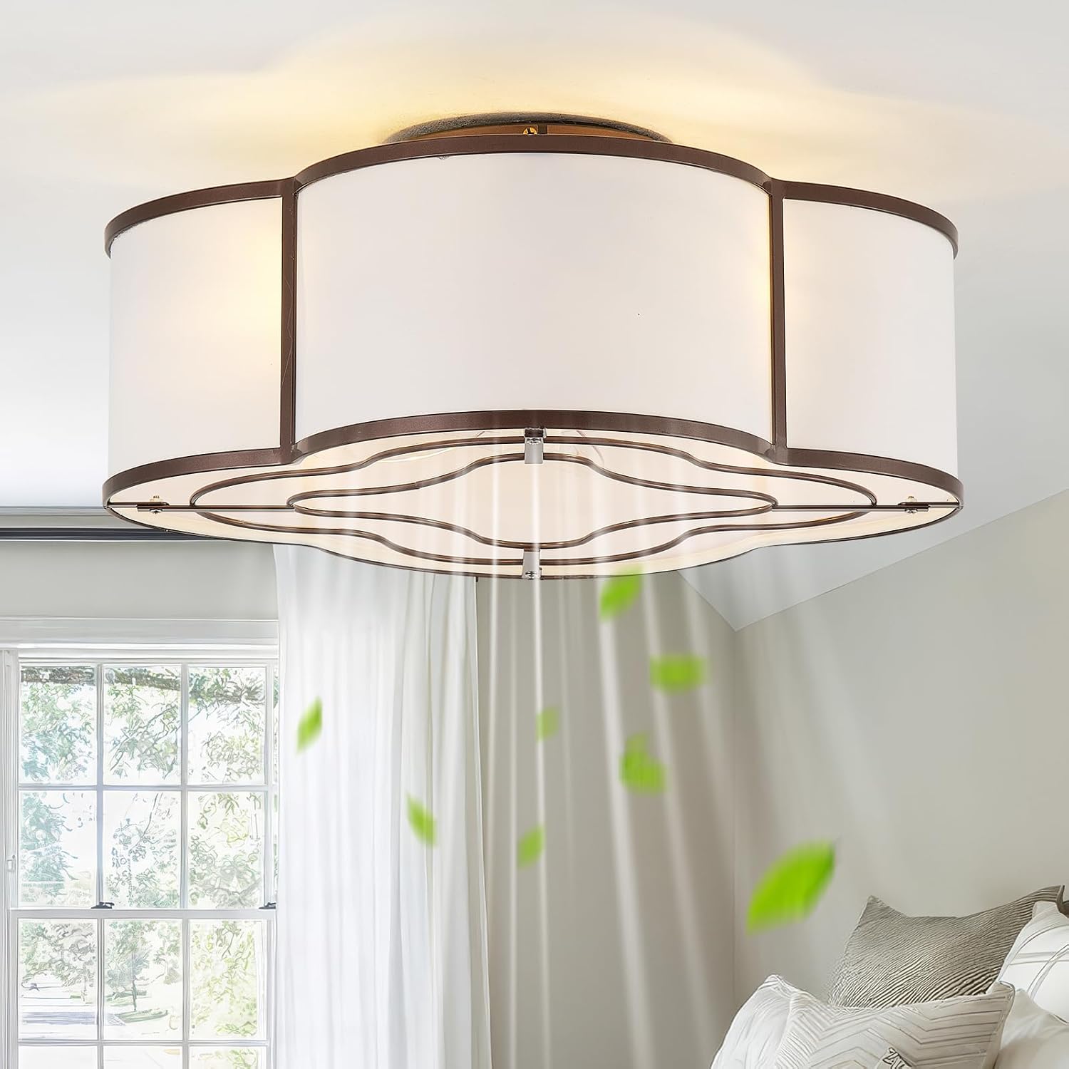 Brown Caged Boho Ceiling Fan with Lights, 20' Flush Mount Ceiling Fans with Lights Remote Control, Low Profile Bladeless with 6 Speeds for Bedroom, Nursery, Kitchen