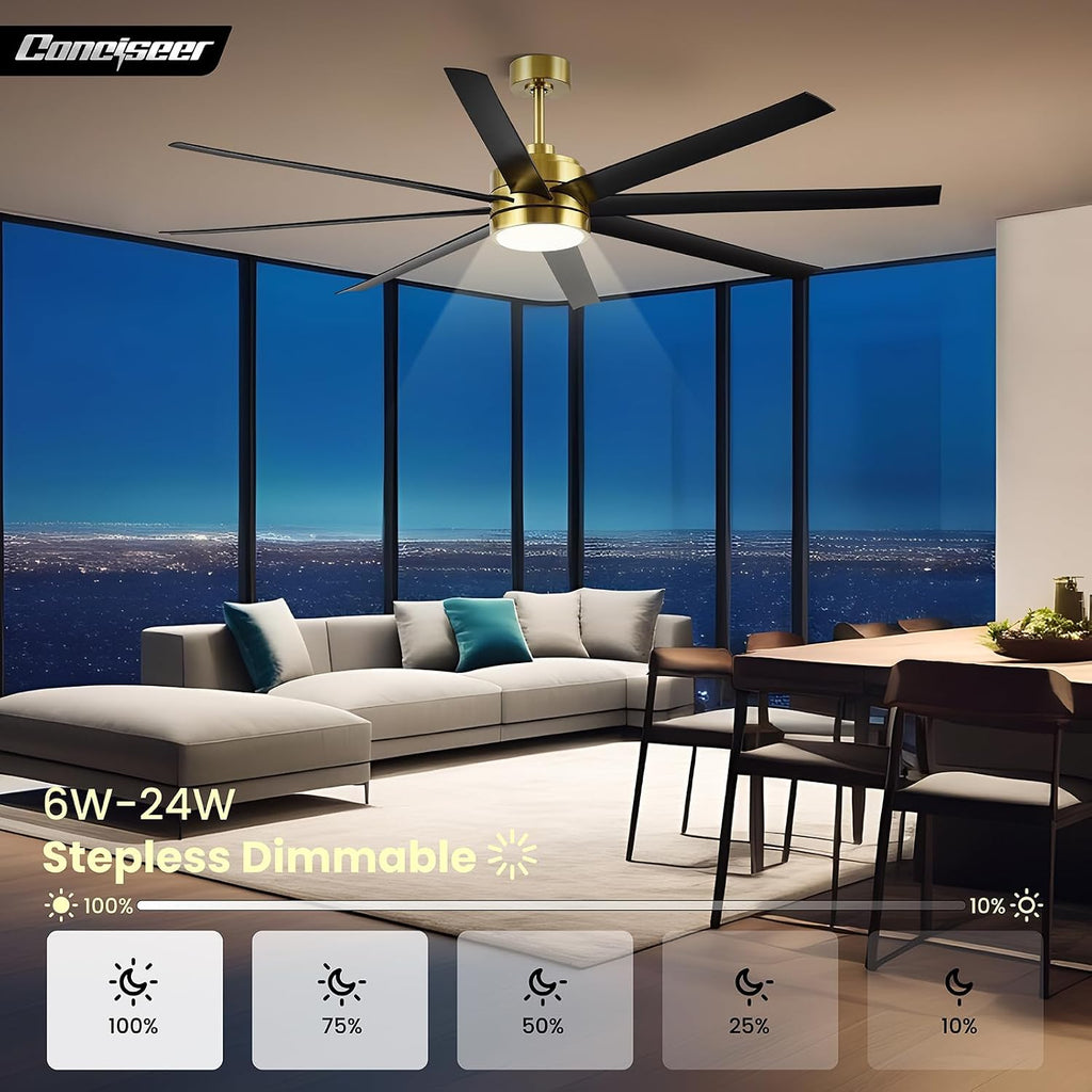Conciseer 72 Inch Ceiling Fans with Lights and Remote for Living Room Kitchen Library Cafe Outdoor/Industrial Use, 3CCT Dimmable, Dual Color 8 Blades 6 Speed Reversible Quiet DC Motor, Gold/Black
