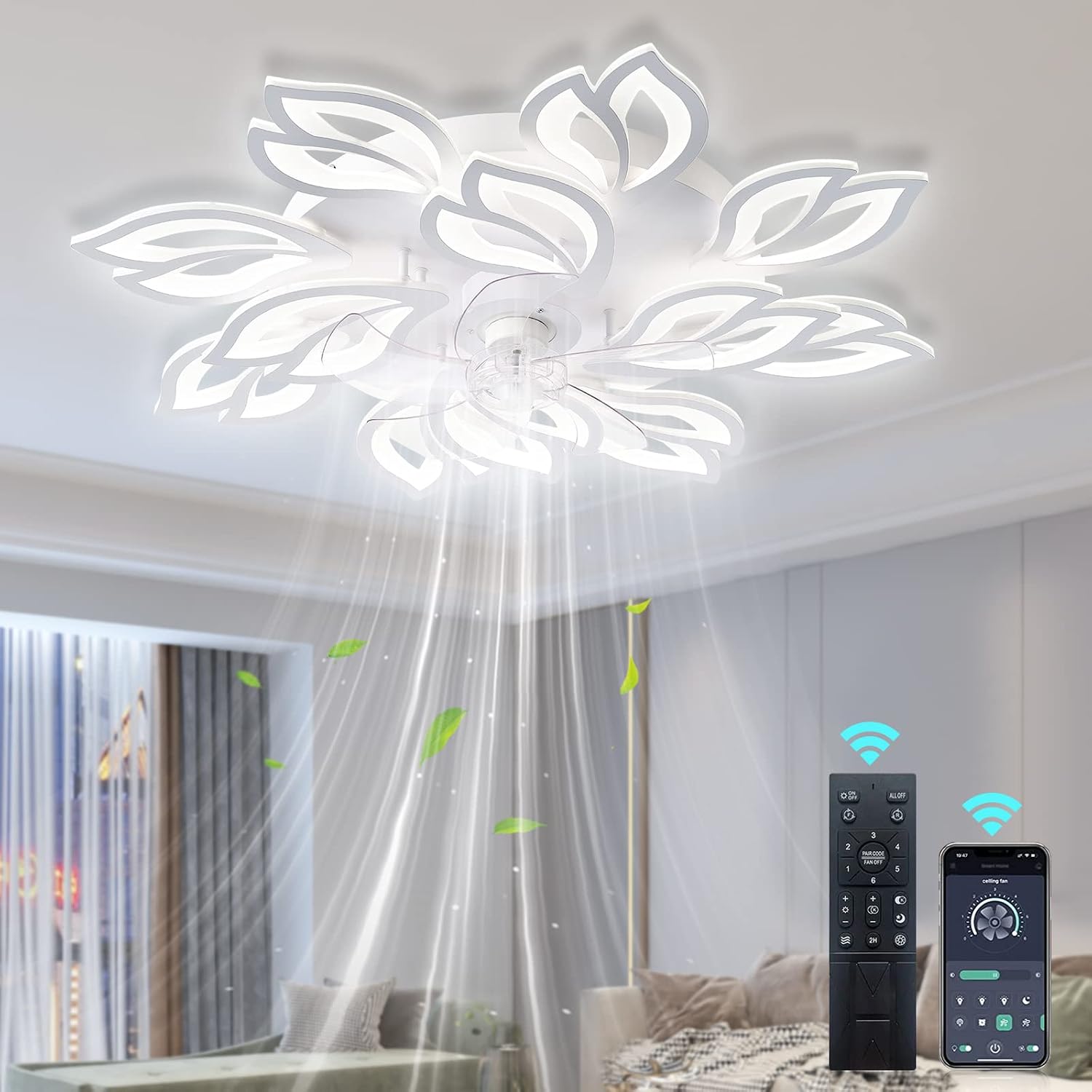 35' Modern Ceiling Fan with Lights Remote APP Control, Flush Mount LED Dimmable Ceiling Fan, 3 Color 6 Speed Low Profile with Light for Bedroom Living Room 130W