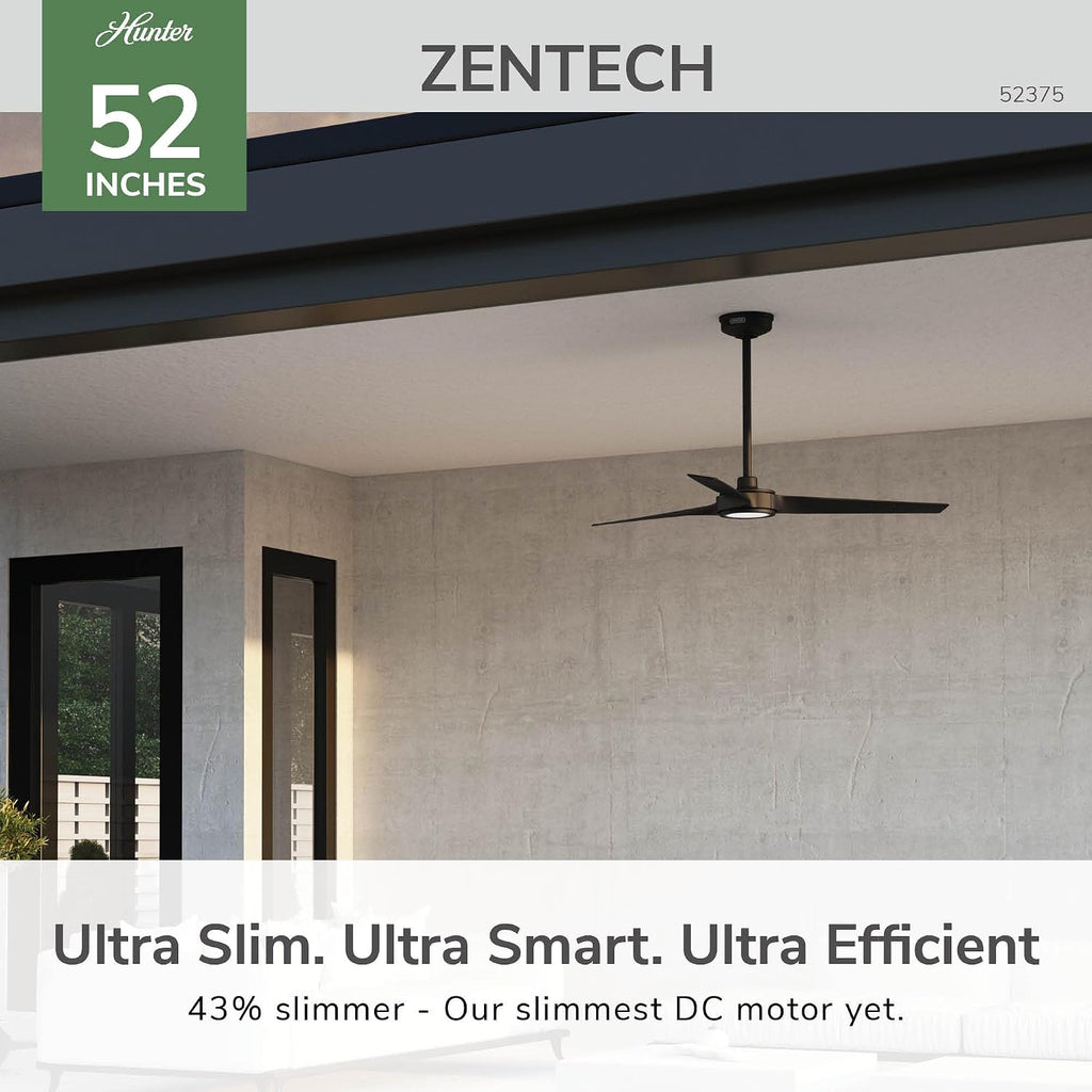 Hunter 52' ZenTech Outdoor Smart Ceiling Fan, LED Light, Remote, Black | ENERGY STAR certified with Apple, Google, Alexa support and covered outdoor use for bedrooms, living rooms, or patios.