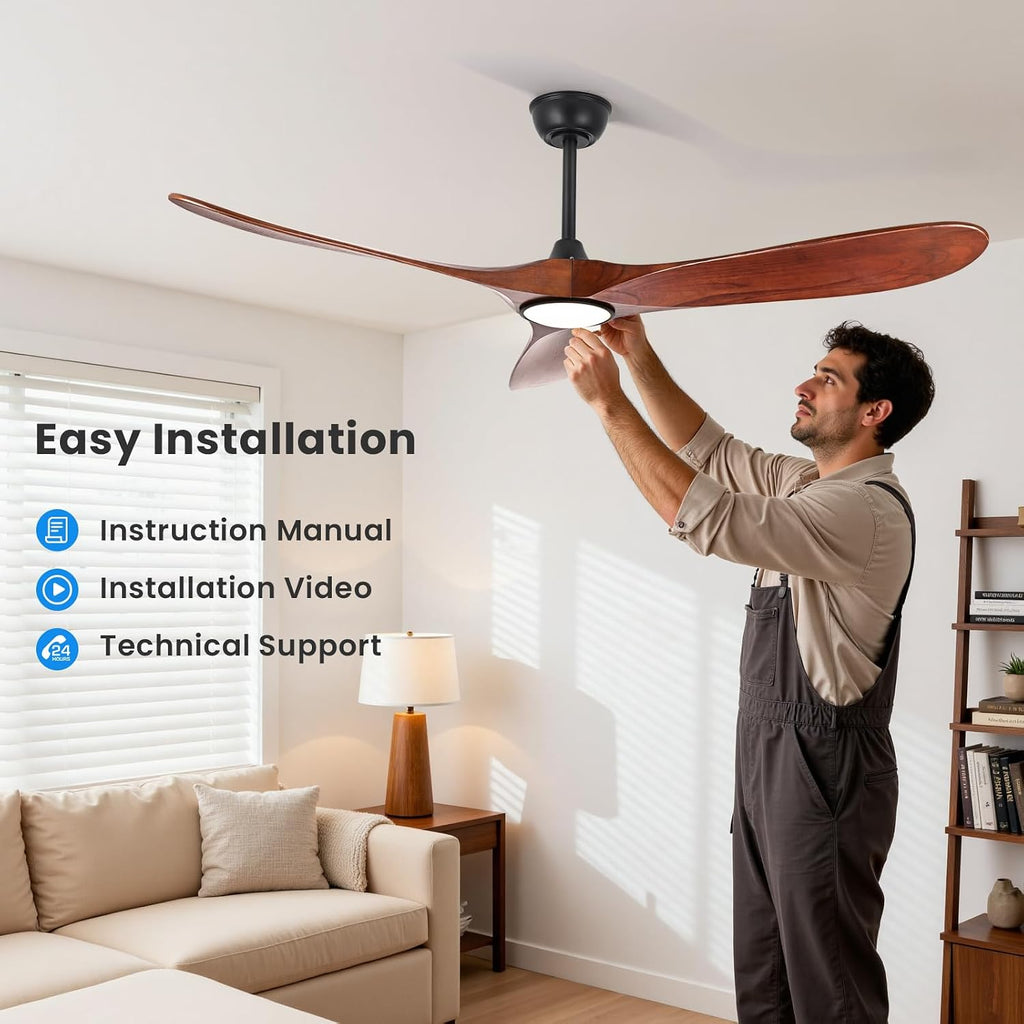 heimo 60 Inch Outdoor Ceiling Fan with Light and Remote, Wood Ceiling Fans with Lights Dimmable for Bedroom Living Dining Room Patios Garage Gazebo Farmhouse Big Dc Reversible Indoor Fan(Walnut)