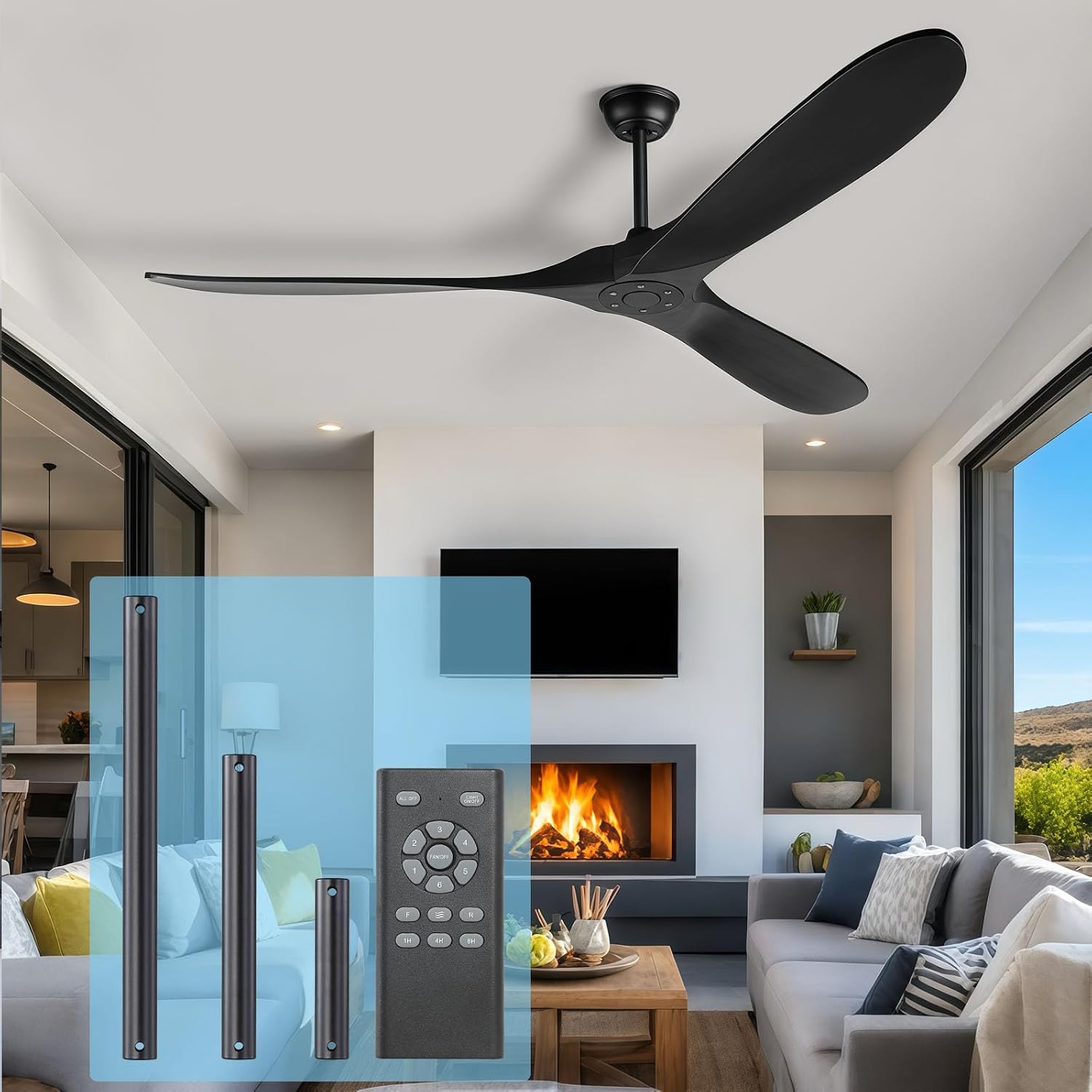 60 Inch Black Ceiling Fan No Light ，Wood Indoor Outdoor Ceiling Fans for Patios Living Room Bedroom Porch Big Farmhouse Ceiling Fan for Flat Sloped Angled Ceiling