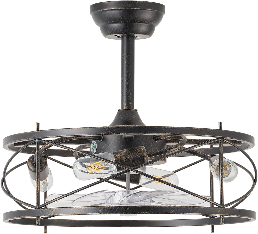 20' Farmhouse Fandelier Ceiling Fan with Light, Caged Bladeless Ceiling Fans with Lights and Remote, Rustic Small Enclosed with 6 Speeds for Bedroom, Kitchen, Living Room, Black