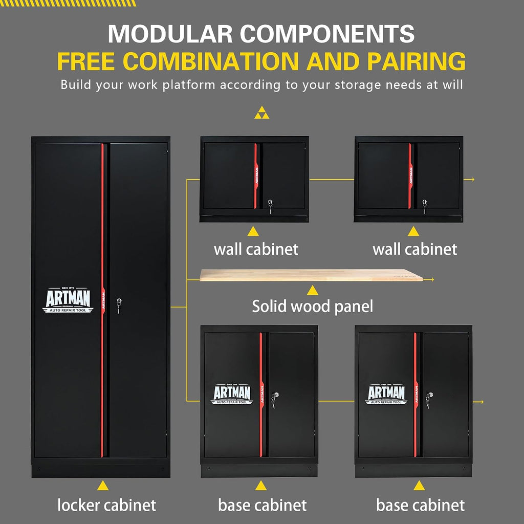 Pre-Assembled Garage Storage Cabinet System, No Assembly Required, 6-Piece Workshop Cabinet Set in Black & Red with LED Lights, Wood Worktop, Key Locks, Adjustable Doors and Legs