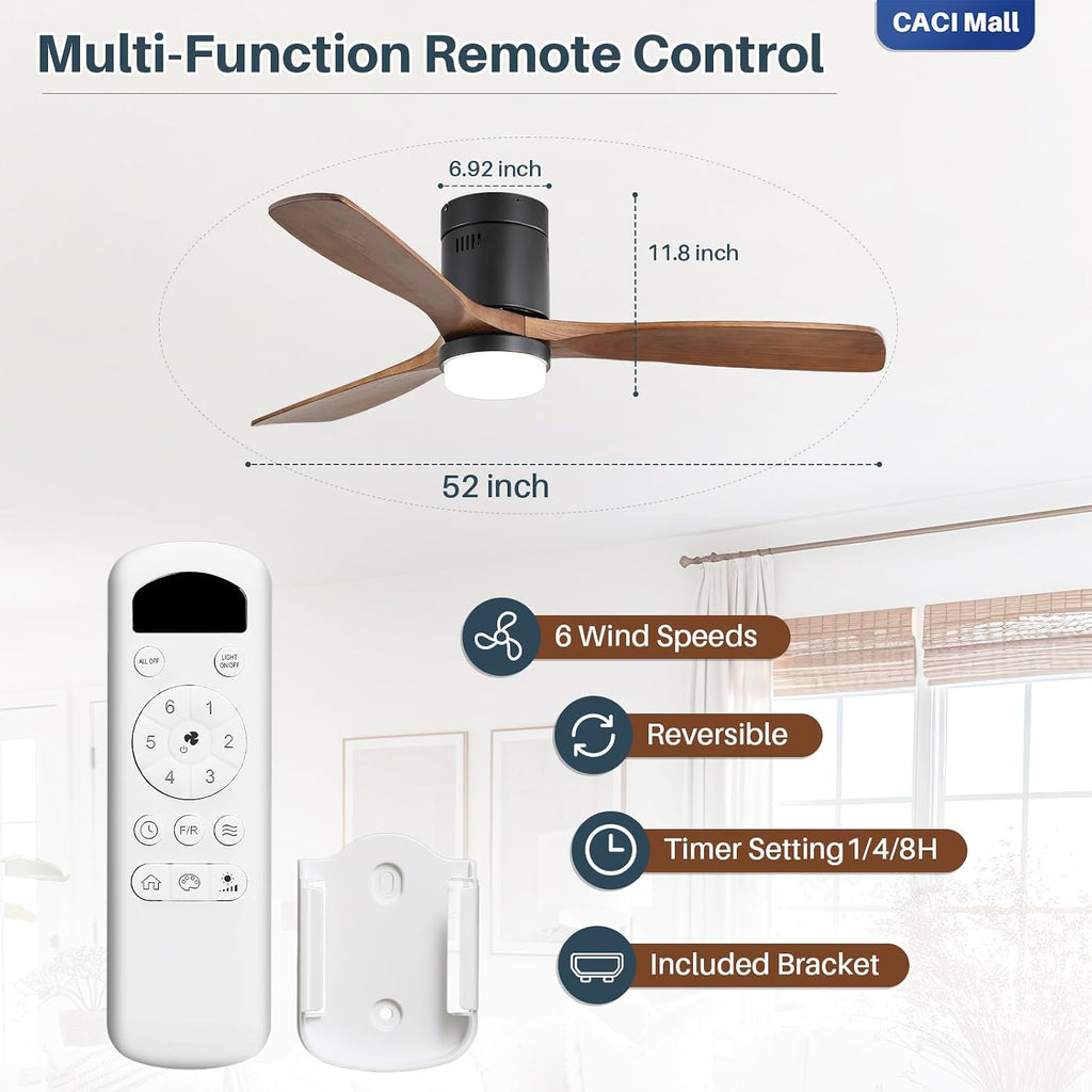 CACI Mall 52 Inch Wood Flush Mount Ceiling Fan with Lights, 3 Blades, Low Profile, Modern, 3CCT, Dimmable, Noiseless, Remote Contral, Outdoor Indoor Ceiling Fans for Bedroom/Farmhouse/Patio