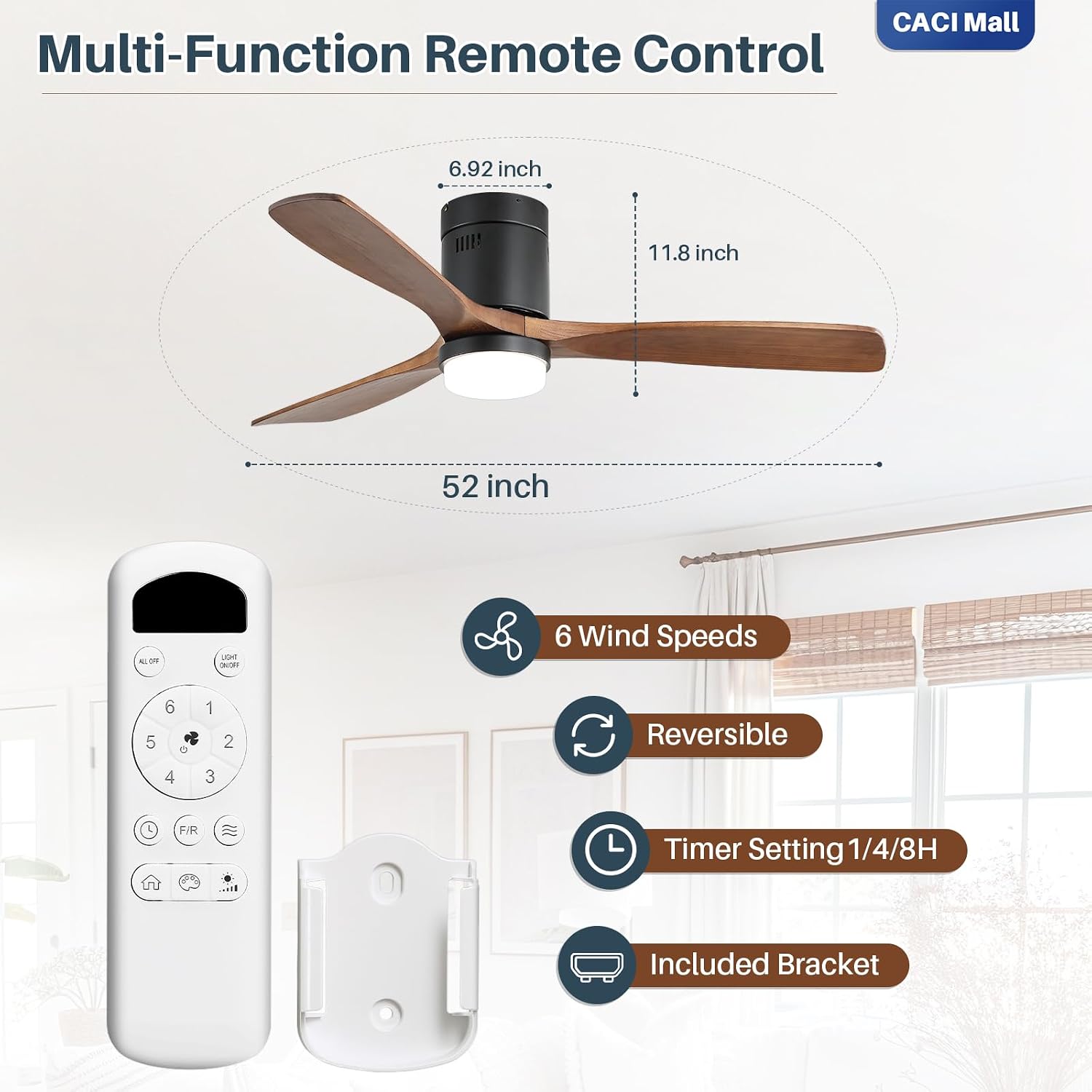 CACI Mall 52 Inch Wood Flush Mount Ceiling Fan with Lights, 3 Blades, Low Profile, Modern, 3CCT, Dimmable, Noiseless, Remote Contral, Outdoor Indoor Ceiling Fans for Bedroom/Farmhouse/Patio