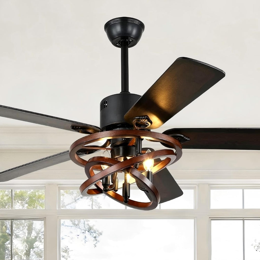 52' Farmhouse Ceiling Fan with Lights and Remote Control, Rustic Fandalier Ceiling Fan DIY Shape Caged Chandelier Light for Living Room Indoor Outdoor, 3 E12 Bulbs (Not Included)