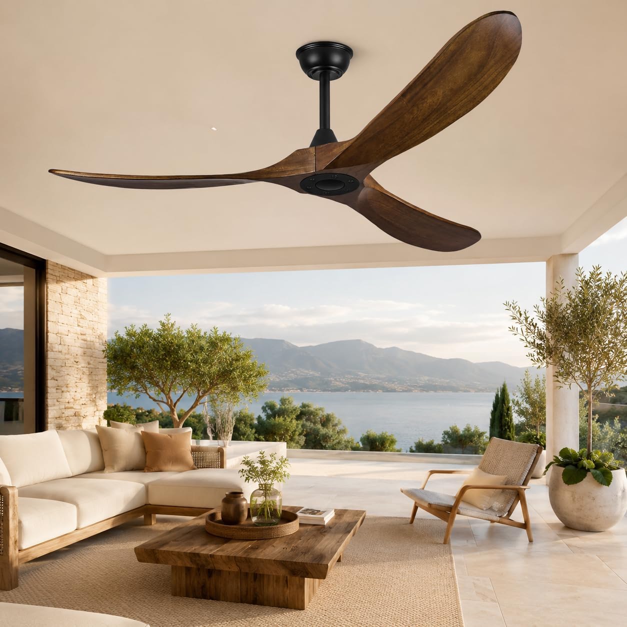 60 Inch Wood Ceiling Fan No Light, Indoor Outdoor Ceiling Fan without Lights with Remote, 3-Blade Reversible DC Motor Fan for Covered Patio Porch Bedroom Living Room, Walnut