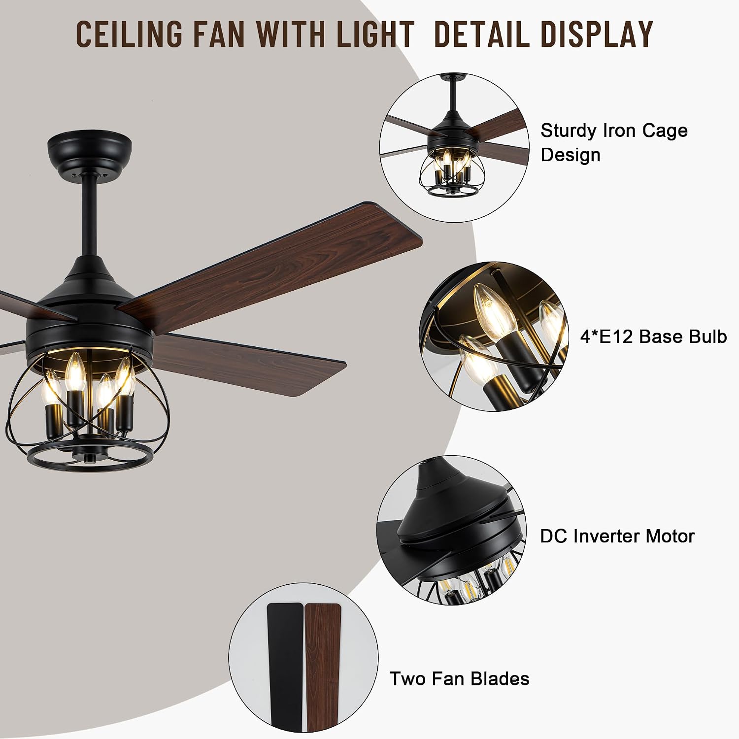 52 Inch Ceiling Fans with Lights, Modern Farmhouse Caged Ceiling Fan, Reversible Motor, 4 Double Finish Wood Blades, Rustic Ceiling Fan for Porch, Living Rooms, Bedroom