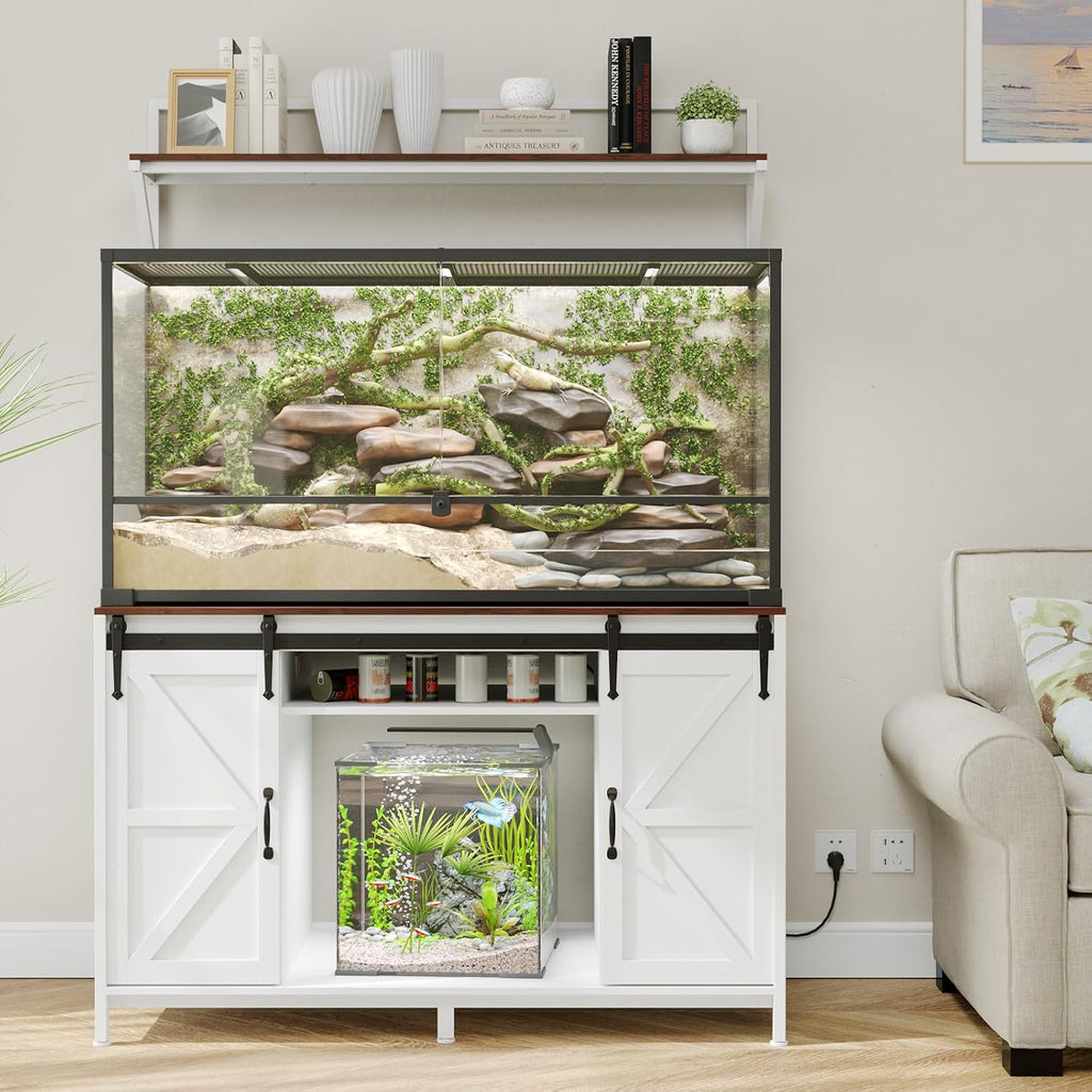 VOWNER Farmhouse Reptile Tank Stand with Power Outlet, 48' X 24' Tabletop Fits up 120 Gallon Bearded Dragon Tank, Heavy Duty Aquarium Stand with Storage Cabinet, Reptile Turtle Terrarium Stand White