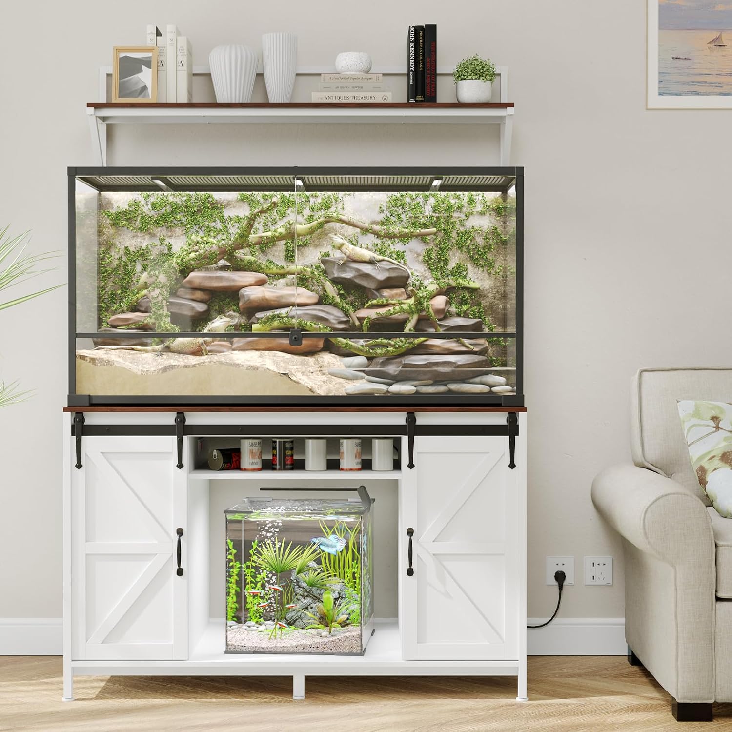 VOWNER Farmhouse Reptile Tank Stand with Power Outlet, 48' X 24' Tabletop Fits up 120 Gallon Bearded Dragon Tank, Heavy Duty Aquarium Stand with Storage Cabinet, Reptile Turtle Terrarium Stand White