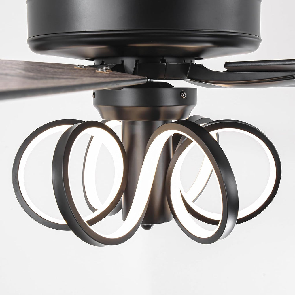 52 Inch Black Ceiling Fans with Lights and Remote - Creative Modern Ceiling Fan for Bedroom Living Room with 3CCT, 6 Speeds, Timer, Dual-Sided Reversible 5 Blades Indoor Outdoor Chandelier Fan
