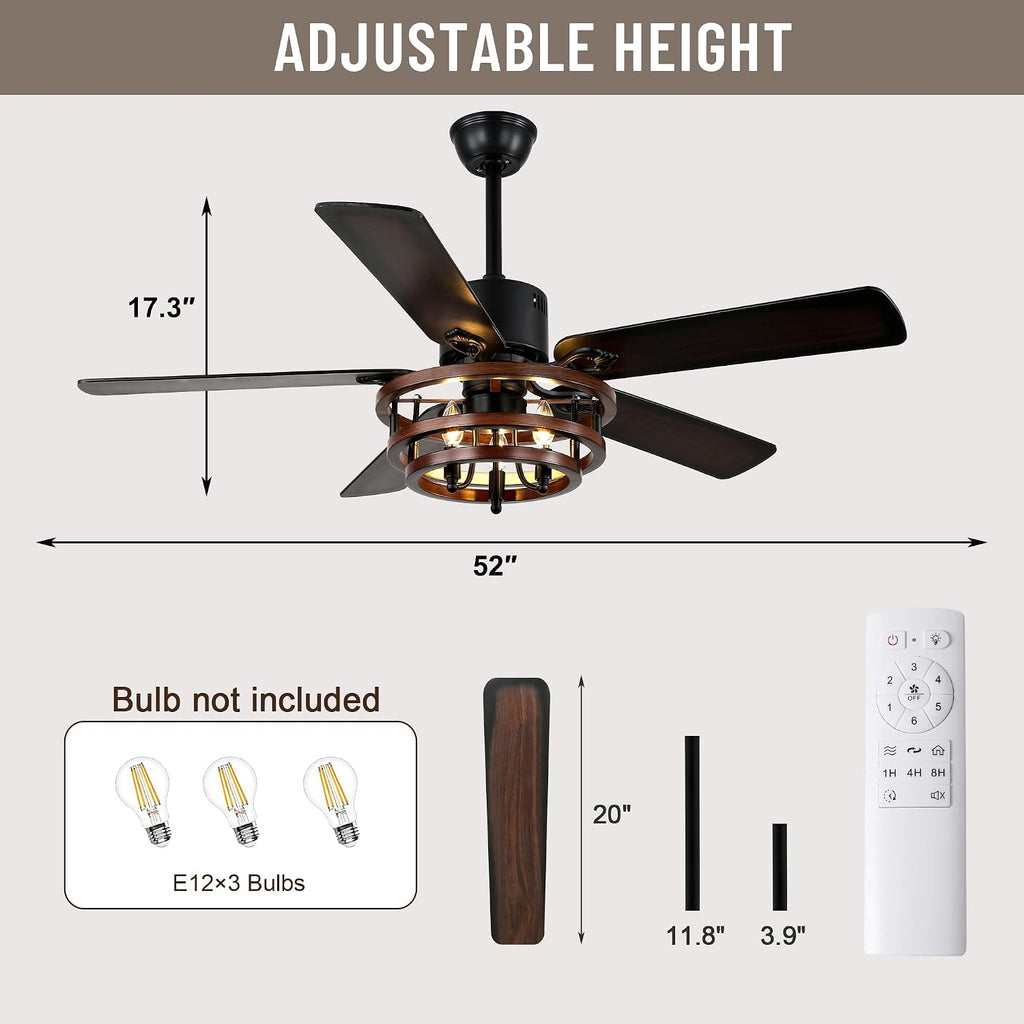 52' Ceiling Fan with Lights and Remote,Industrial Farmhouse Ceiling Fan with Adjustable Wood Grain Iron Cage,5 Reversible Dual-Color Blades,DC Quiet Motor,6 Speeds,Timer for Bedroom Living Room