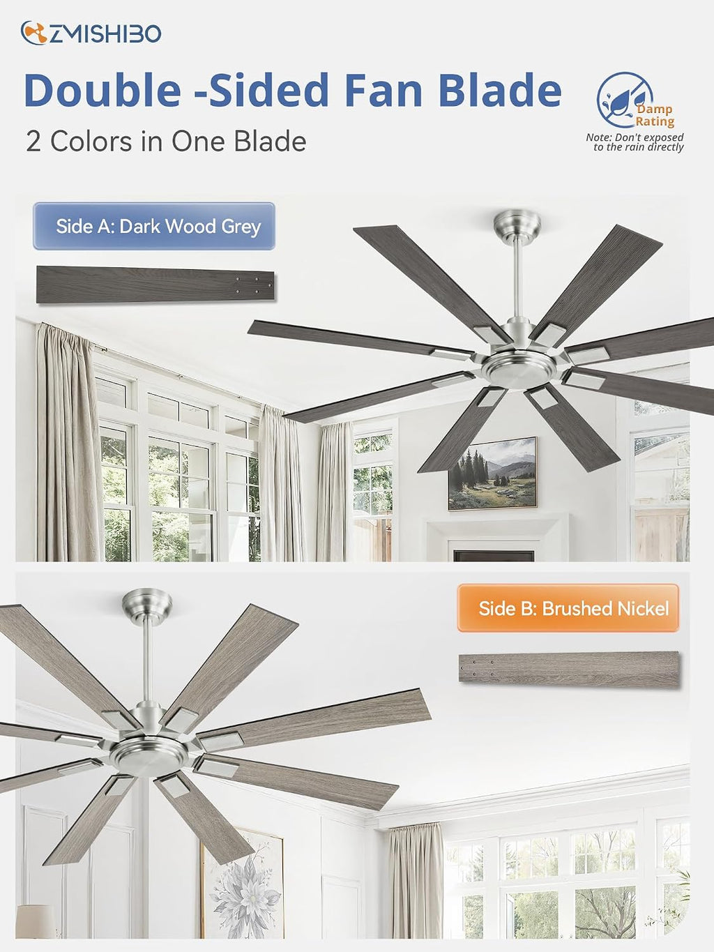 ZMISHIBO 62 Inch Ceiling Fans without Light, Brushed Nickel Modern Ceiling Fan no Lights, Quiet Reversible DC Motor, 6-Speeds, Outdoor Ceiling Fans for Patios, Living Room, Bedroom, Indoor/Outdoor Use